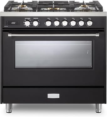 Verona VUFSGE365E 36 inch Ultima Collection Freestanding Dual Fuel Range with 5 Sealed SABAF Brass Burners, 5.0 cu. ft. Oven Capacity in Matte Black