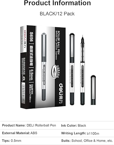 Miniatura 7 de deli Paquete de 12 bolígrafos negros de punta fina, bolígrafos de tinta líquida de 0.020 in, secado rápido, sin manchas ni sangrado