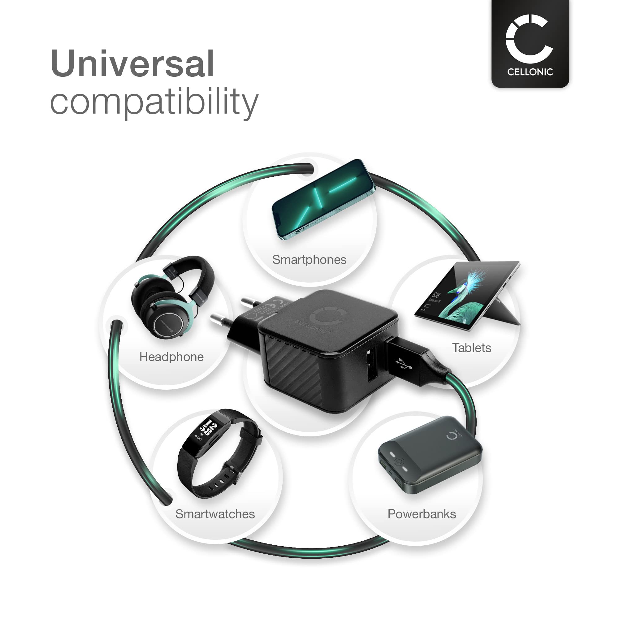 CELLONIC 2-drożna ładowarka USB: 3,4 A, 17 W ładowarka do telefonu komórkowego, smartfona, tabletu, podwójna wtyczka do ładowania: podwójne złącze - wielokrotny adapter do ładowania, gniazdko