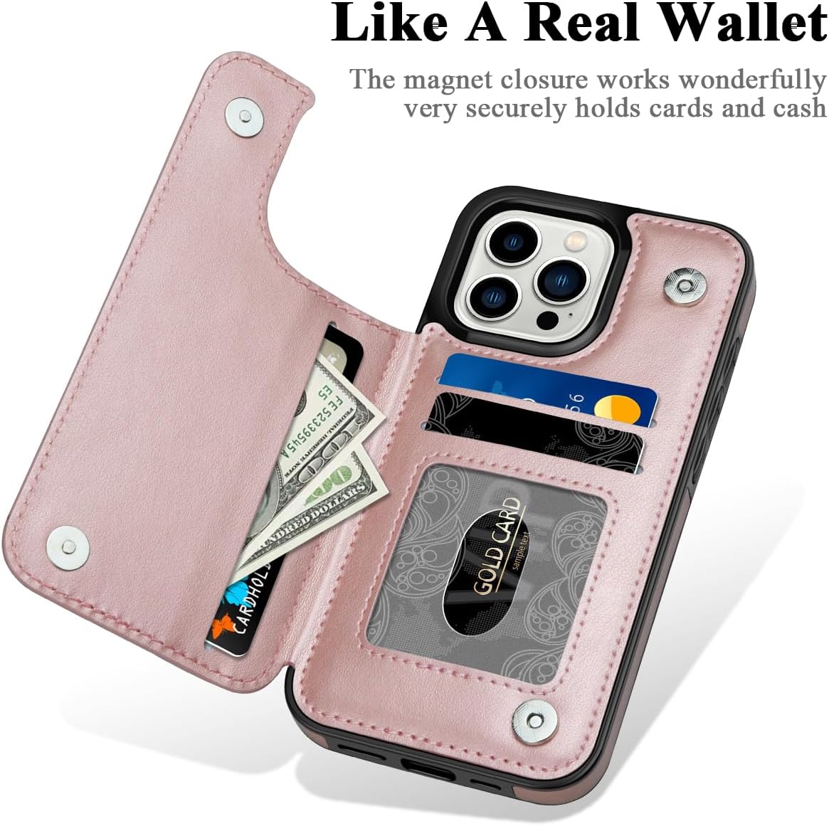 MMHUO for iPhone 15 Pro Case with Card Holder,Flower Magnetic Buttons Protective Wallet Case for Women for iPhone 15 Pro,Rose Gold - Image 3