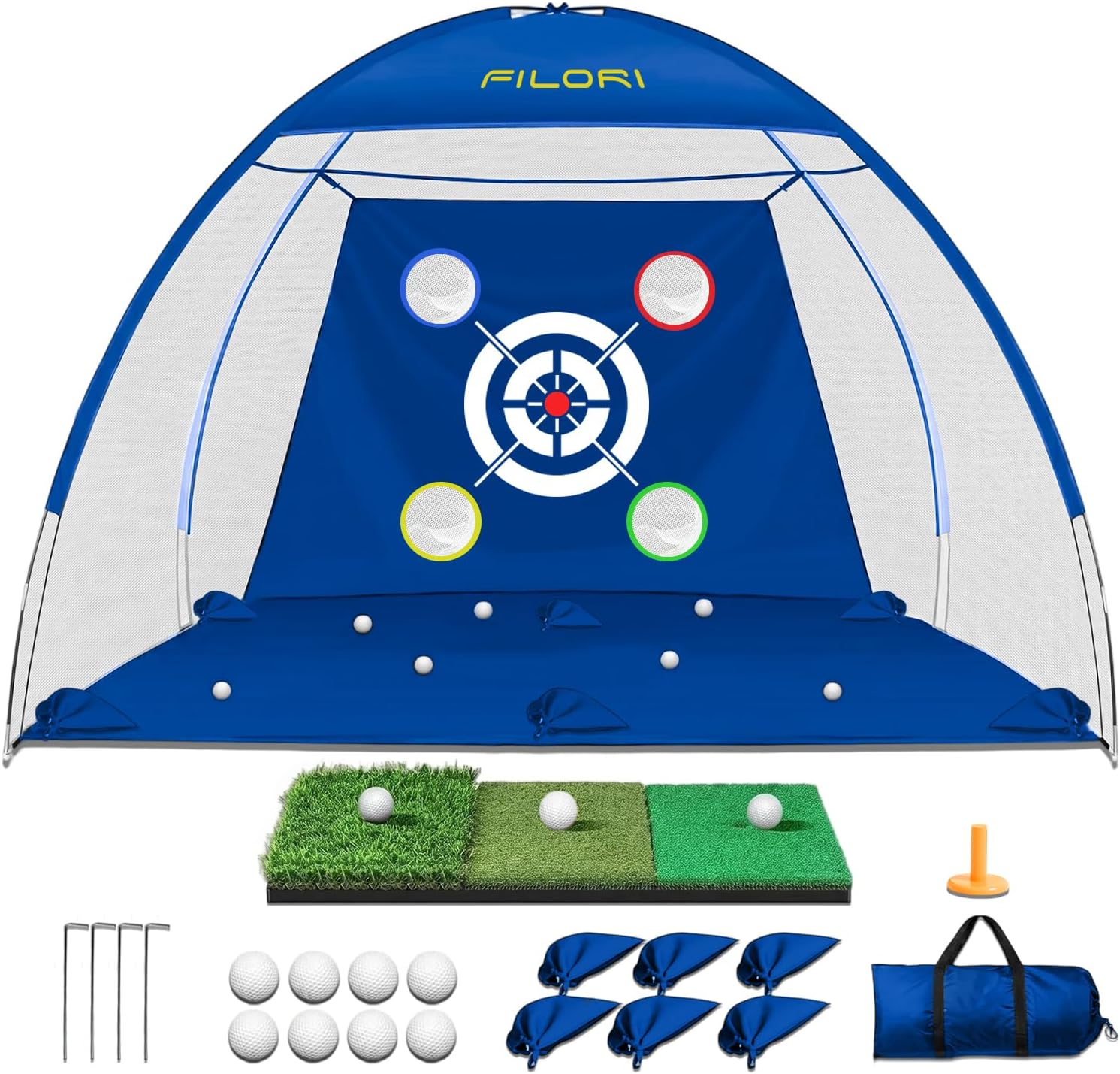 FILORI Golf Practice Net 10x7FT - Golf Hitting Net with Tri-Turf Mat, 8 Balls, Tee & Carry Bag, Indoor/Outdoor Backyard Training for Driving Chipping Swing, Ideal Gifts for Men Dad Husband Golfer