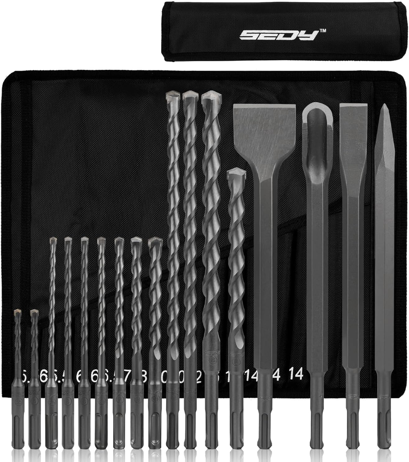 SDS-Plus Rotary Hammer Drill Bit Set - 17 Piece Heavy Duty Corded Electric Air Concrete Masonry Chipping Impact Removal Extension Rock Core Ground Floor Hole Thinset Brick Chisel Tool Storage Pouch