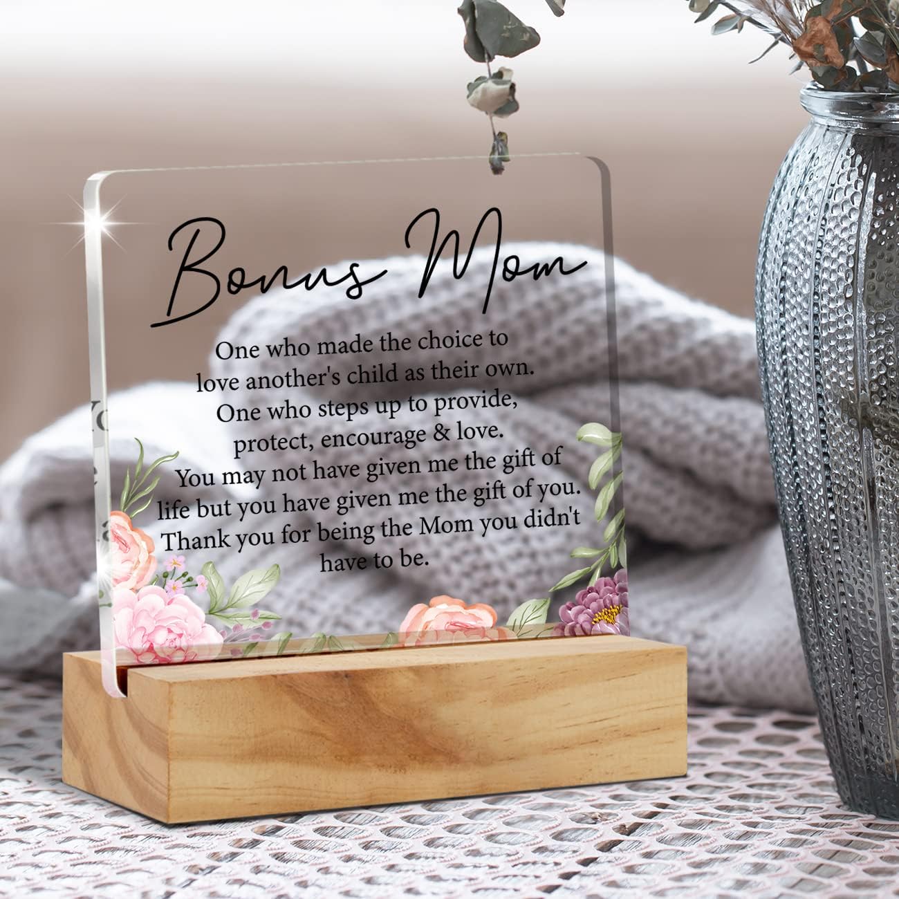 Bonus Mom & Stepmom Gifts: Acrylic Desk Plaque Sign With Wood Stand - Flowers Style Home Desk Sign Keepsake Present - Image 4