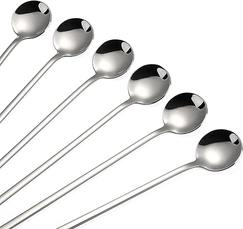 Miniatura 3 de Juego de 6 cucharas de mango largo de acero inoxidable para agitador de café, cucharas para mezclar de cóctel (acero inoxidable)