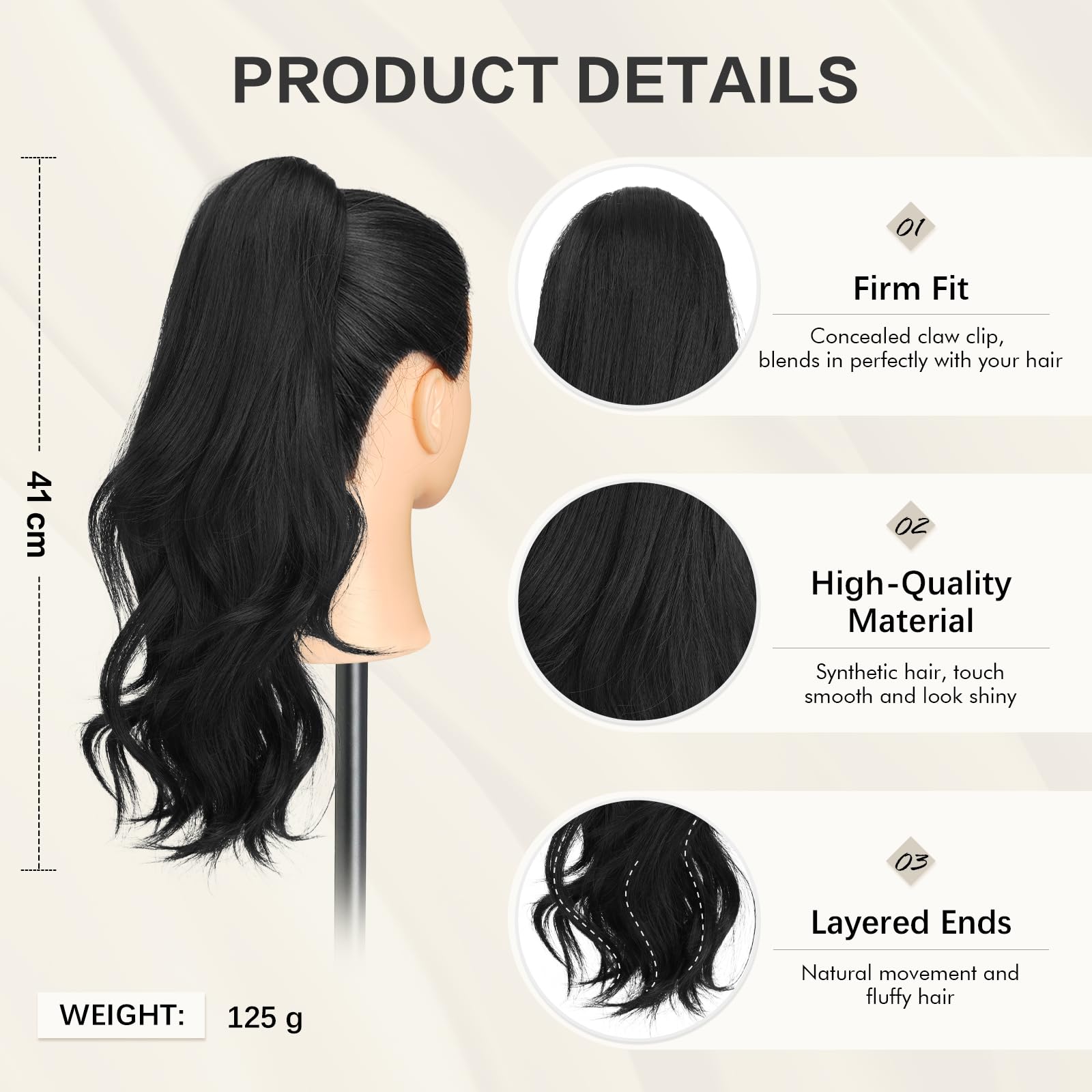 Sofeiyan Coleta Postiza Larga Ondulada con Pinza, Extensión de Coleta Natural de Doble Uso, 41 cm de Sintética Pinza de Pelo en Extensión de Trenza para Mujeres, Negro natural