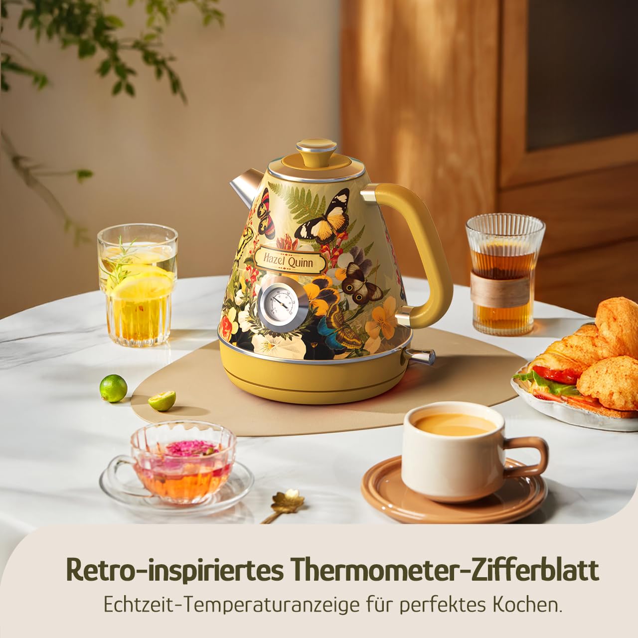 Hazel Quinn × Eduardo Recife Wasserkocher Retro Vintage 1,7L, Floral Design | Edelstahl, 1,7 Liter, 2200 W, BPA-frei, kabellos, Abschaltautomatik Vintage-Design für Familien, Paare und moderne Haushalte