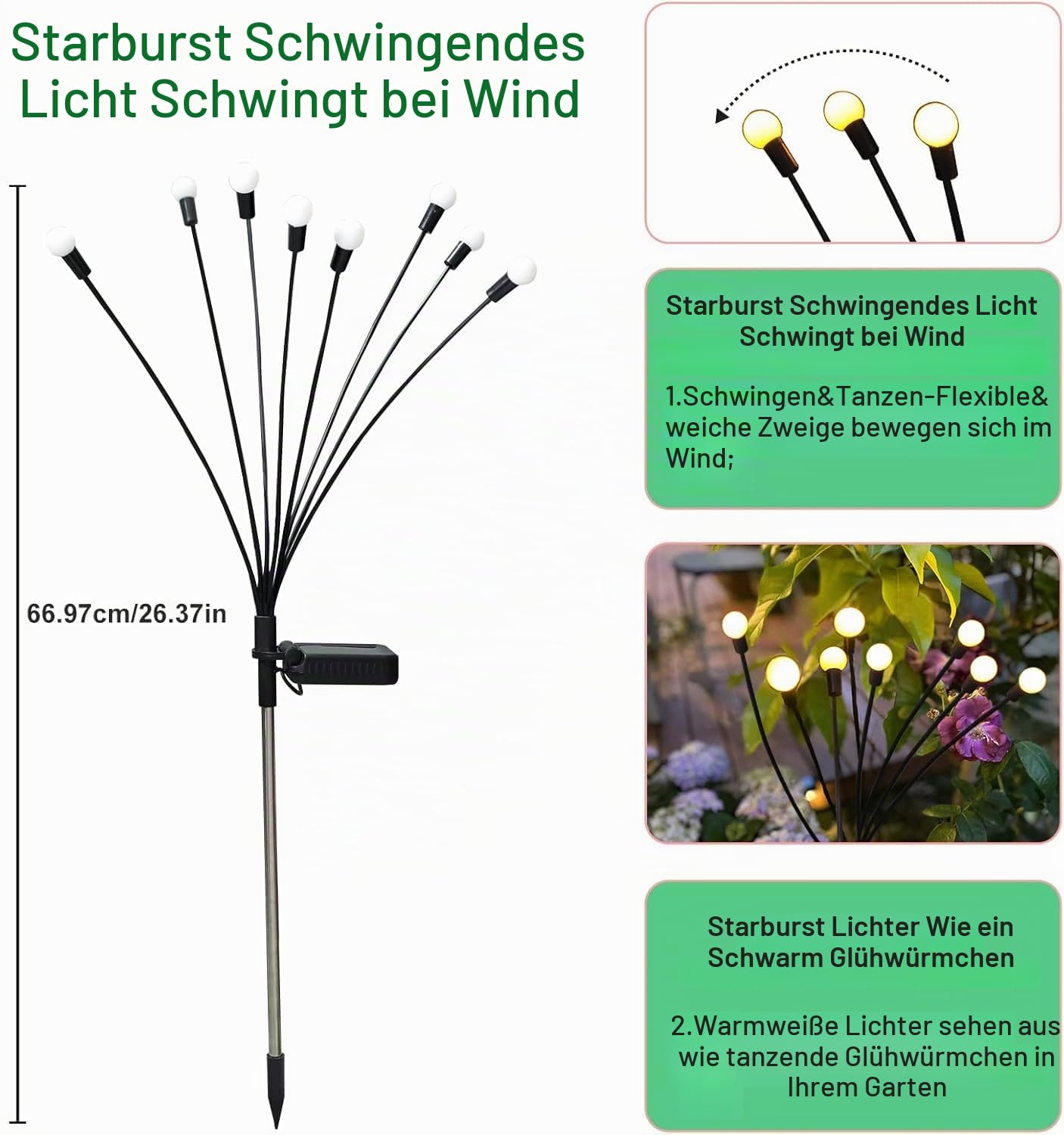 YJFWAL Firefly Solar-gartenlichter Außen 6 Stück Glühwürmchen Lichter Wasserdicht Swinging Garten Lichter für Pathway Weihnachten Yard Patio-Landschaft Dekoratives, 8LED Jede (Warm-Weiß, 6 Stück)