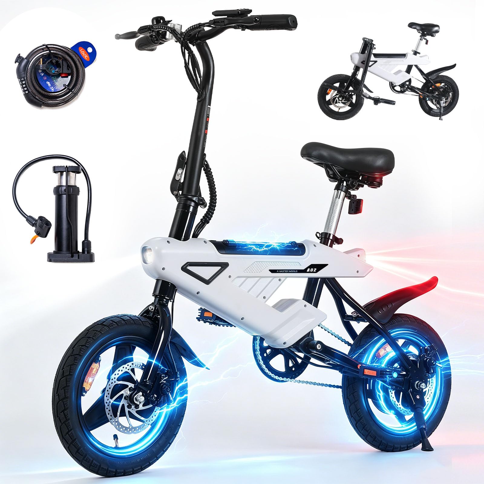 A02 Bicicleta Electrica Plegable 14 Pulgadas - Bici Electrica con Batería de 36V 6.5Ah, 250W Motor, Todo Terreno Ebike para Adulto, Alcance de 15-30 km E-Bike, Unisex Adulto Bici Electrica
