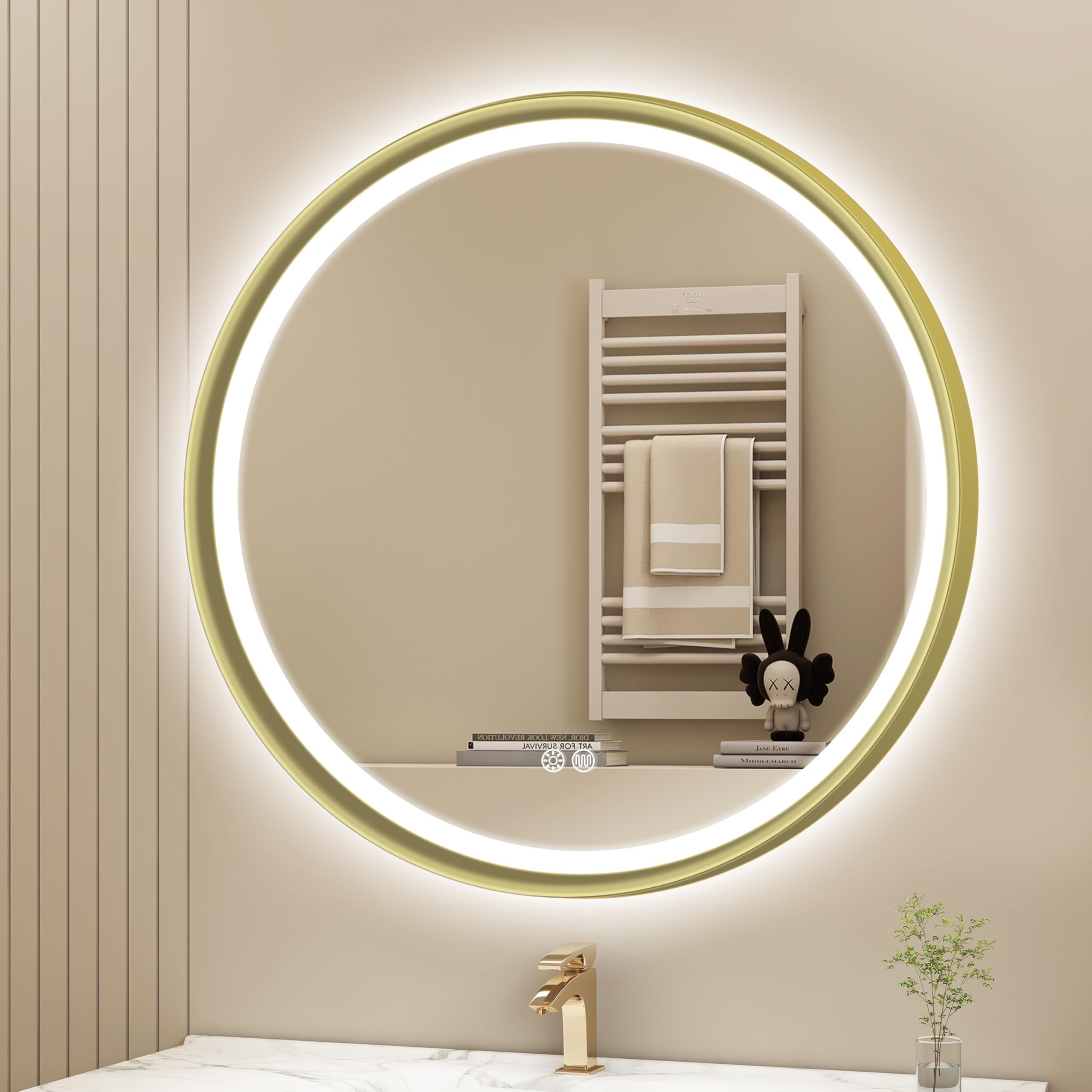 S'bagno Espejo Baño con Luz Redondo 60 cm, Espejos de Baño con Led con Marco de Aluminio, Anti-Vaho, 3000-6500K, Vidrio Templado HD, IP44 Espejo Led Baño Función de Memoria, Dorado