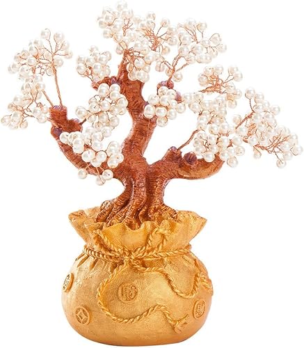 Impresionante árbol de dinero bonsái de perlas blancas artificiales de Feng Shui