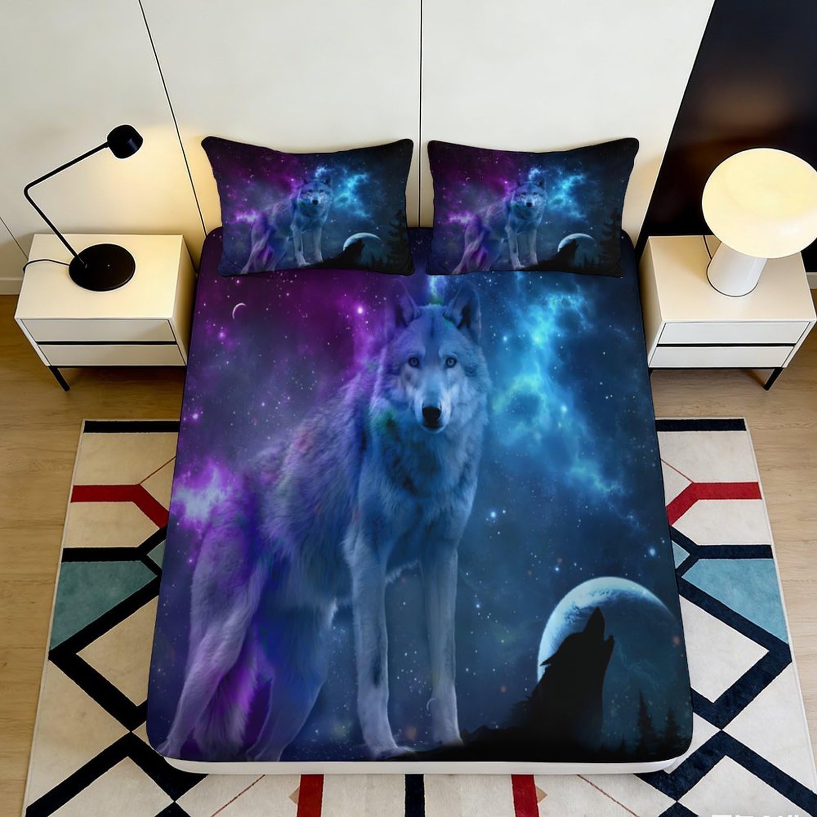 3D Printed Galaxy Wolf Fitted Sheet Microfiber Soft Breathable Cosmic Nebula Bed Cover for Bedroom Dormitory Guest Room Mattress Protection 160x200x25cm