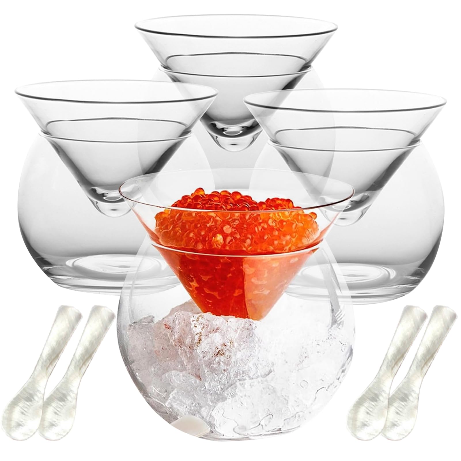 VirgoCCY Juego de 8 piezas de vidrio para servir caviar con cucharas de caviar, servidor enfriador con soporte para hielo para camarones, helado, martinis y cócteles, apto para lavavajillas