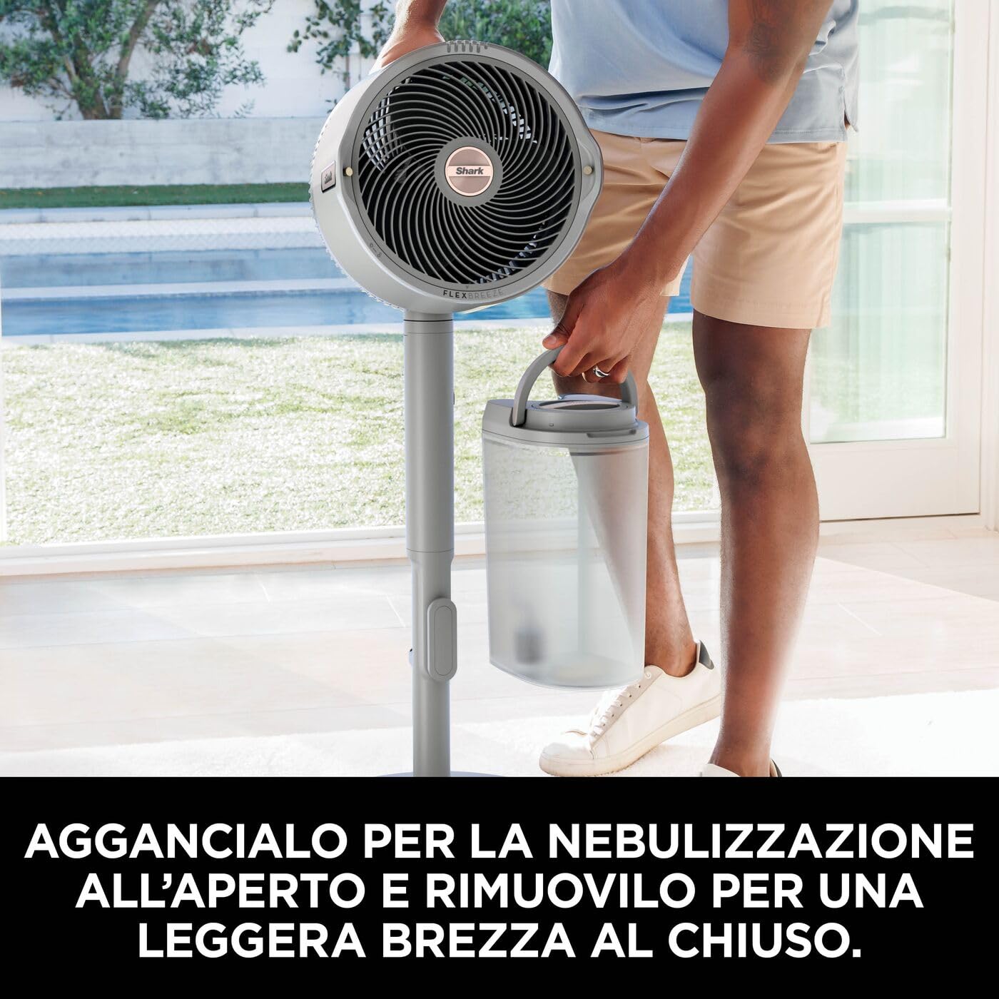 Shark FlexBreeze Pro Mist Ventilatore per Interni ed Esterni senza Filo con Nebulizzatore, Portatile, Raggio 20 m, a Piantana o da Tavolo, 5 Velocità, Silenzioso, Telecomando, Tortora FA300WHEU