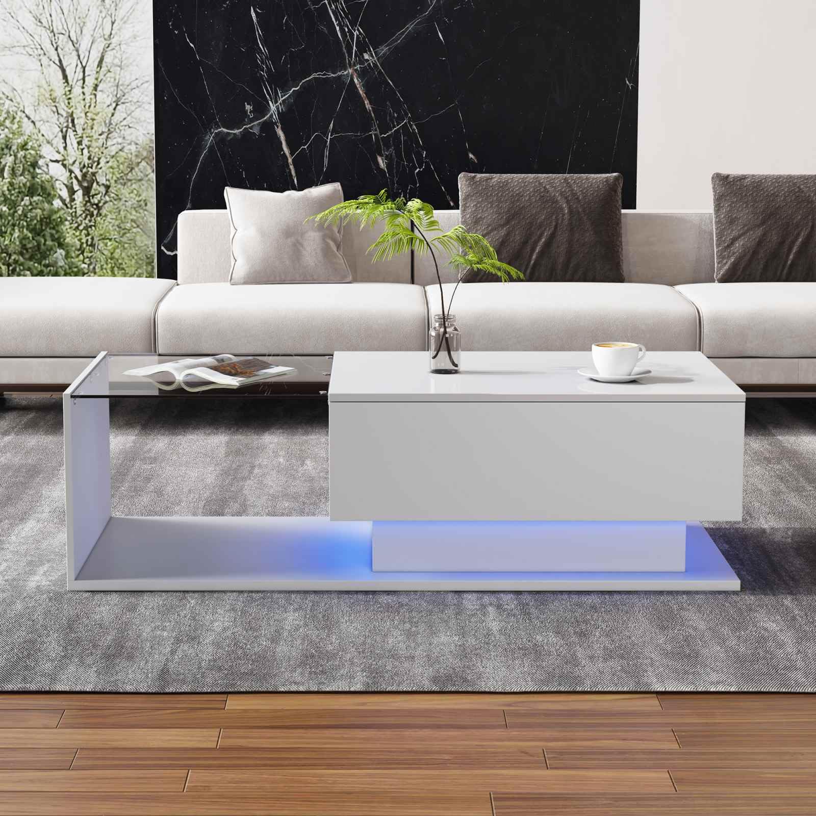 KOMHTOM Tavolino salotto bianco con piano in vetro Tavolino basso da salotto, tavolino da caffè a LED con cassetto Tavolino moderno Mobili da soggiorno (bianco)