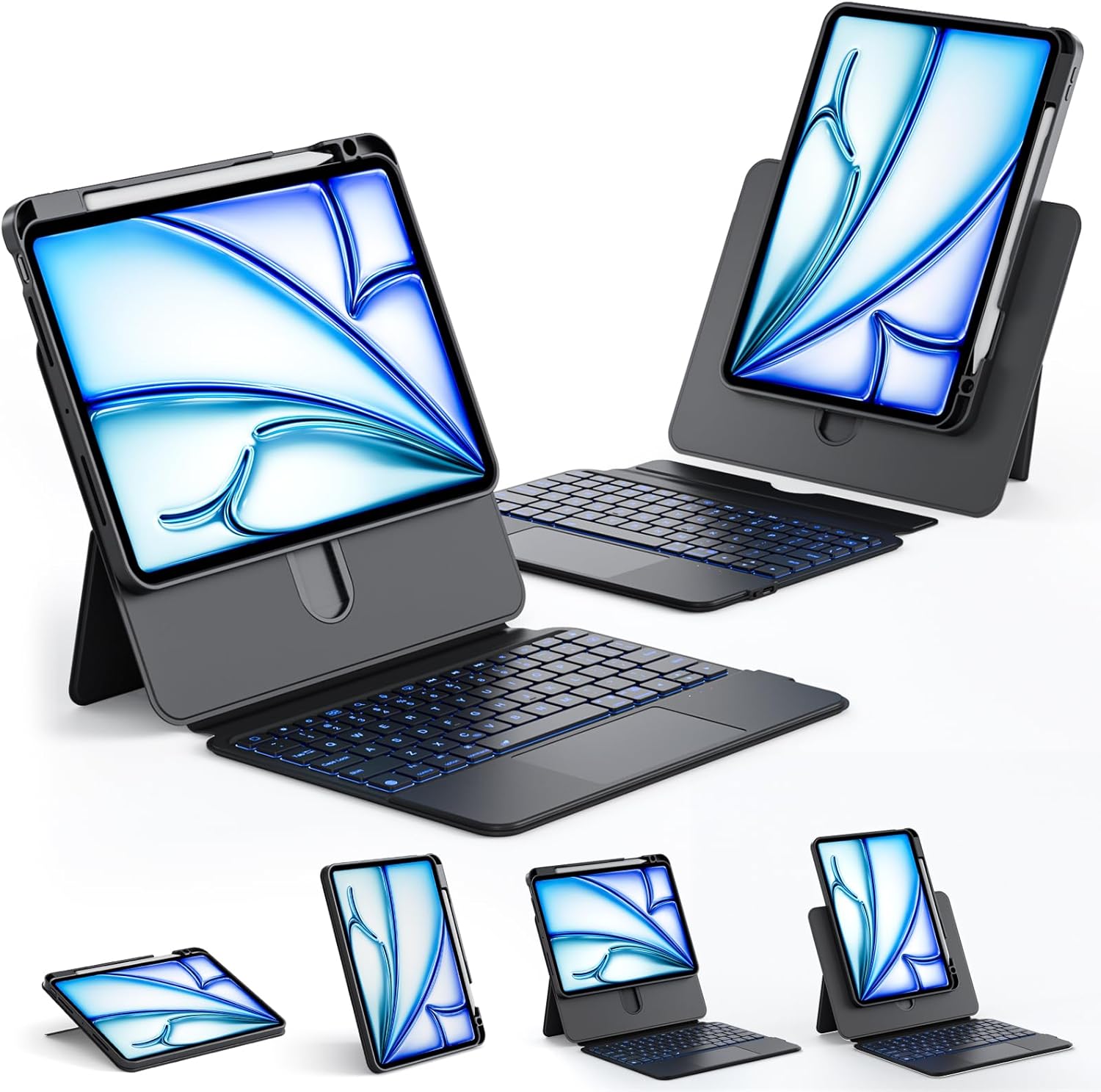 Keyboard Case for iPad Air 13-inch (M2 & M3, 2024 & 2025) and iPad Pro 12.9-inch (3–6 Gen) with Multi-Touch Trackpad, 360° Rotating Stand, Portrait & Raised Modes, Detachable Cover – Black