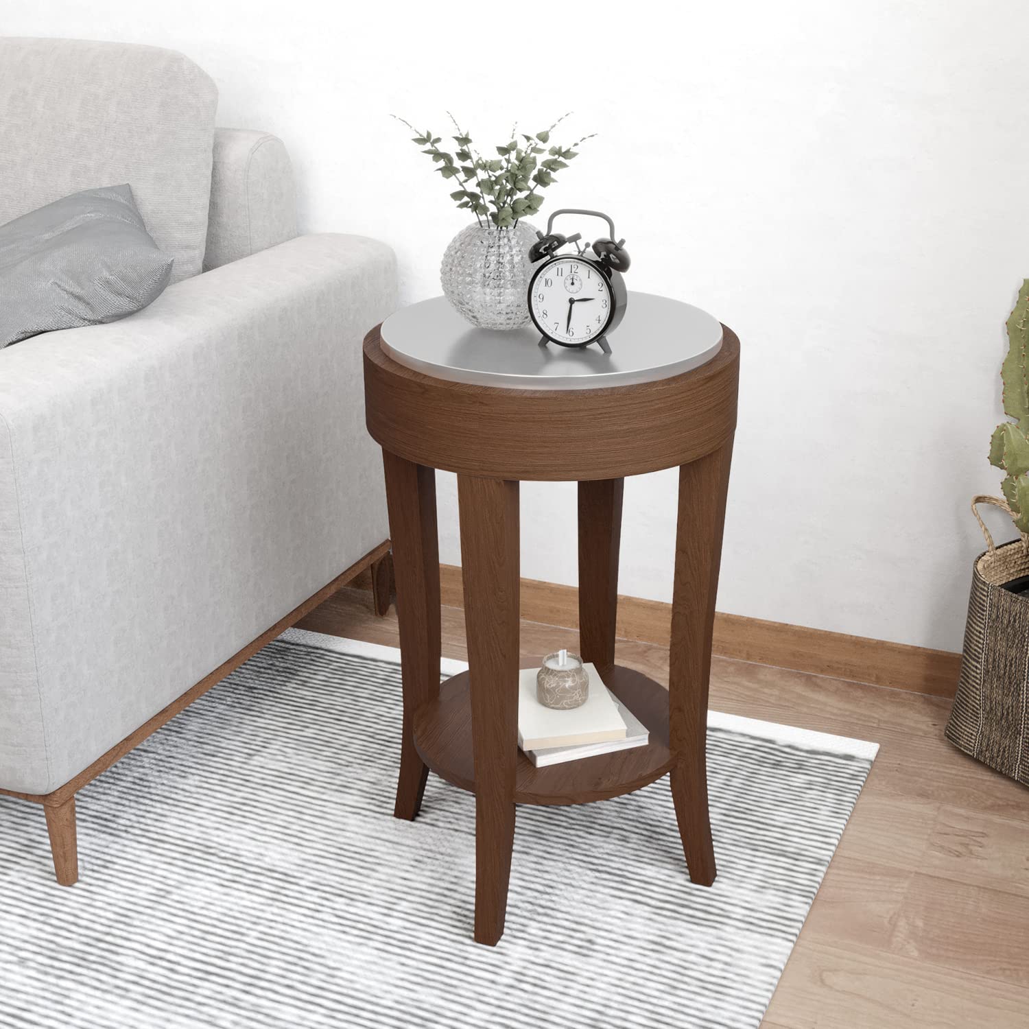 HOMPUS Modern Round Side Table Wooden Accent End Table 2-Tier Storage MDF with Veneer Brush Finishing Shelf Coffee Table Nightstand for Home Furniture