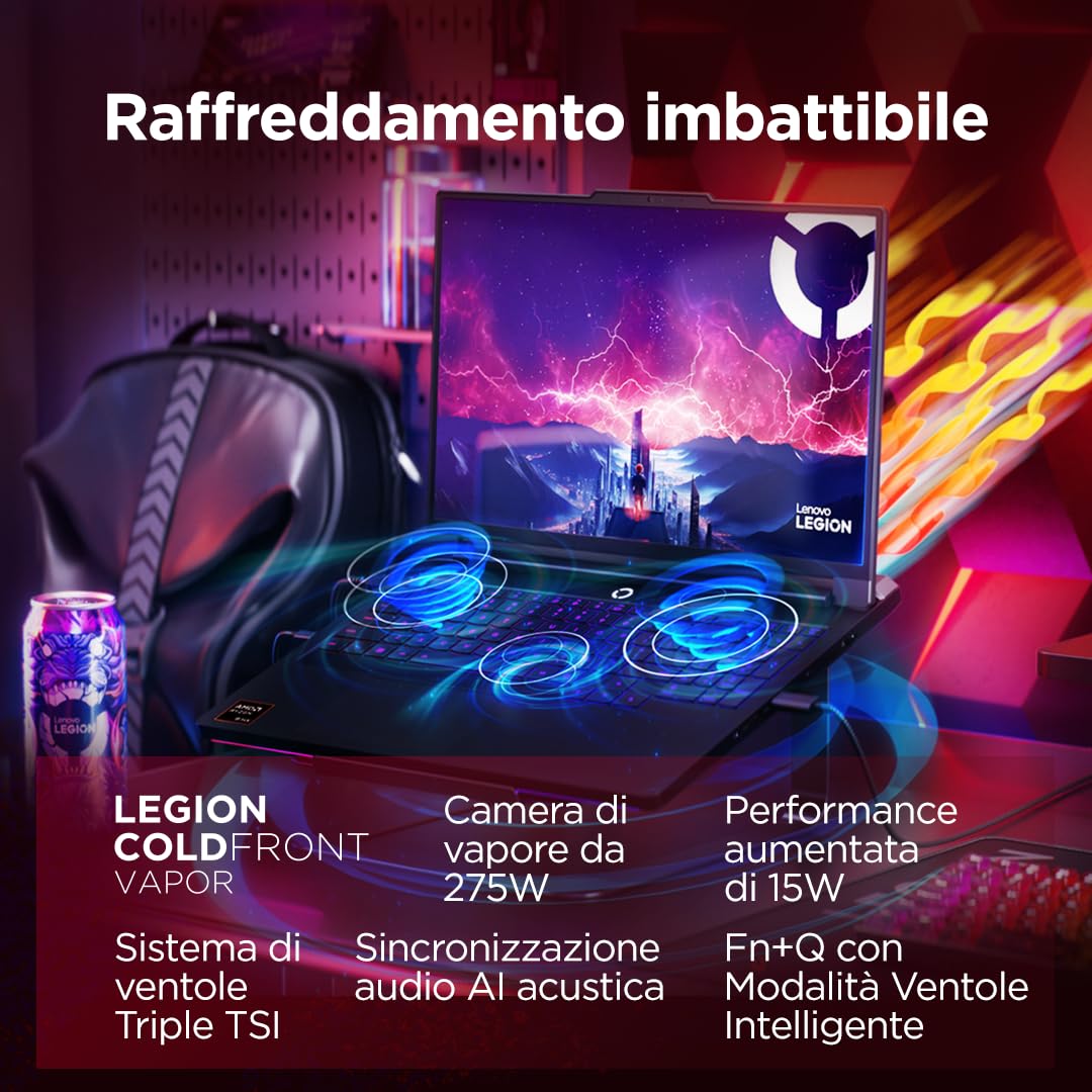 Lenovo Legion Pro 7 Gaming AI Laptop - Display OLED 16" WQXGA 240Hz, NVIDIA GeForce RTX 5080, AMD R9 9955HX3D, RAM 32GB DDR5, SSD 2TB, Windows 11, Tastiera RGB QWERTY, 3 mesi GamePass