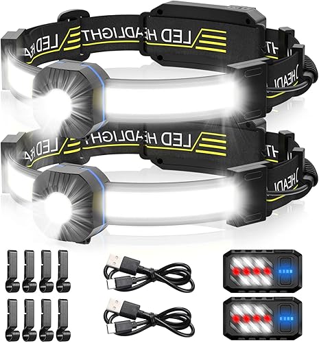 Linterna frontal LED, 1000 lúmenes, 230 de haz ancho, linterna frontal recargable por USB con luz trasera roja, luz ligera e impermeable para