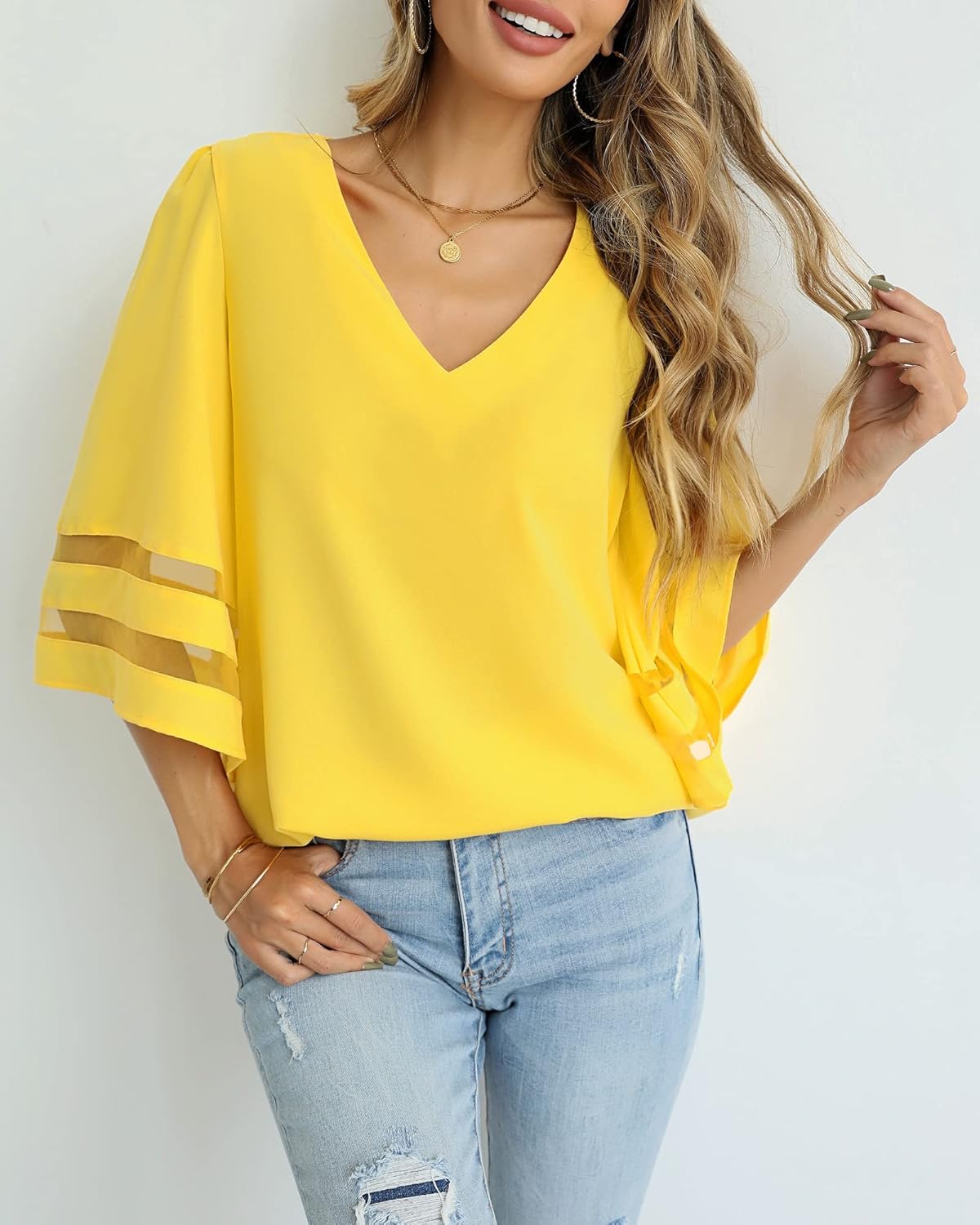 LookbookStore Women's V Neck Mesh Panel Blouse 3/4 Bell Sleeve Loose Top Shirt - Image 3
