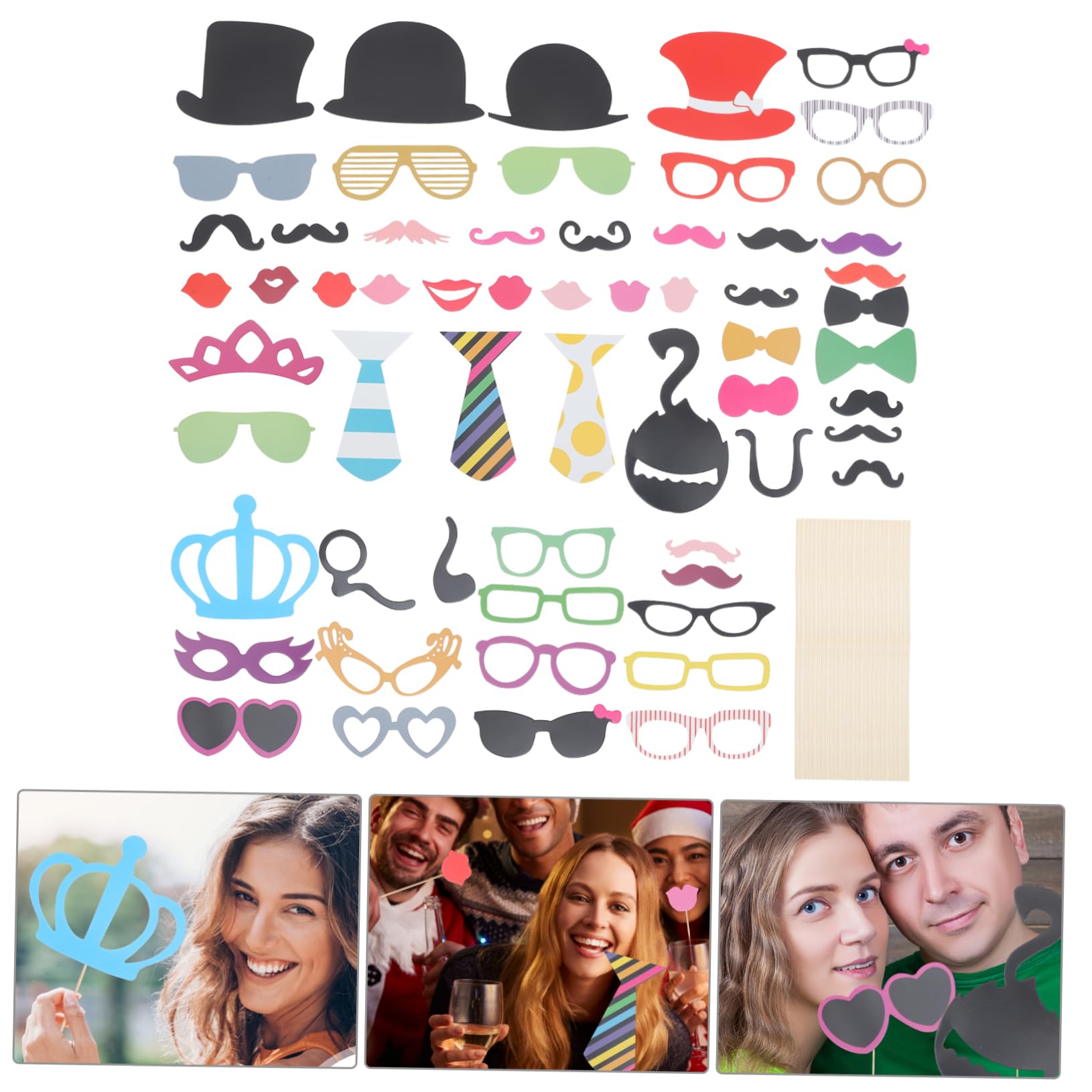 Cabilock Lot de 60 Accessoires Photo pour Fêtes Moustaches et Chapeaux en Papier Cartonné et Bâtonnets en Bambou pour Photobooth Amusant Lors de Mariages ou Fêtes Plusieurs Styles