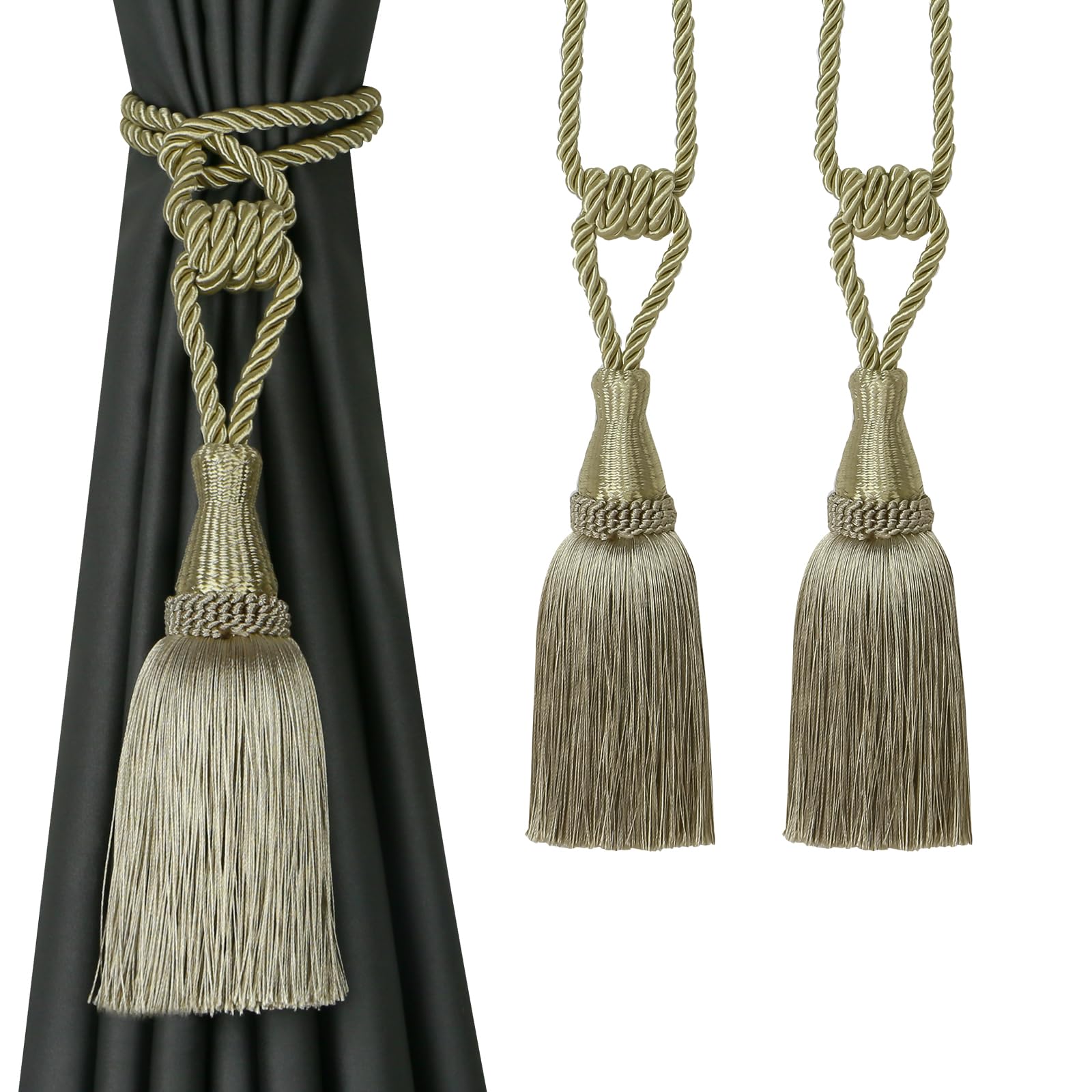 Tassel Curtain Tiebacks， Braided Rope Curtain Tiebacks With Tassels Multicolor 2/4 Packs(Dark Beige,2 Pack)