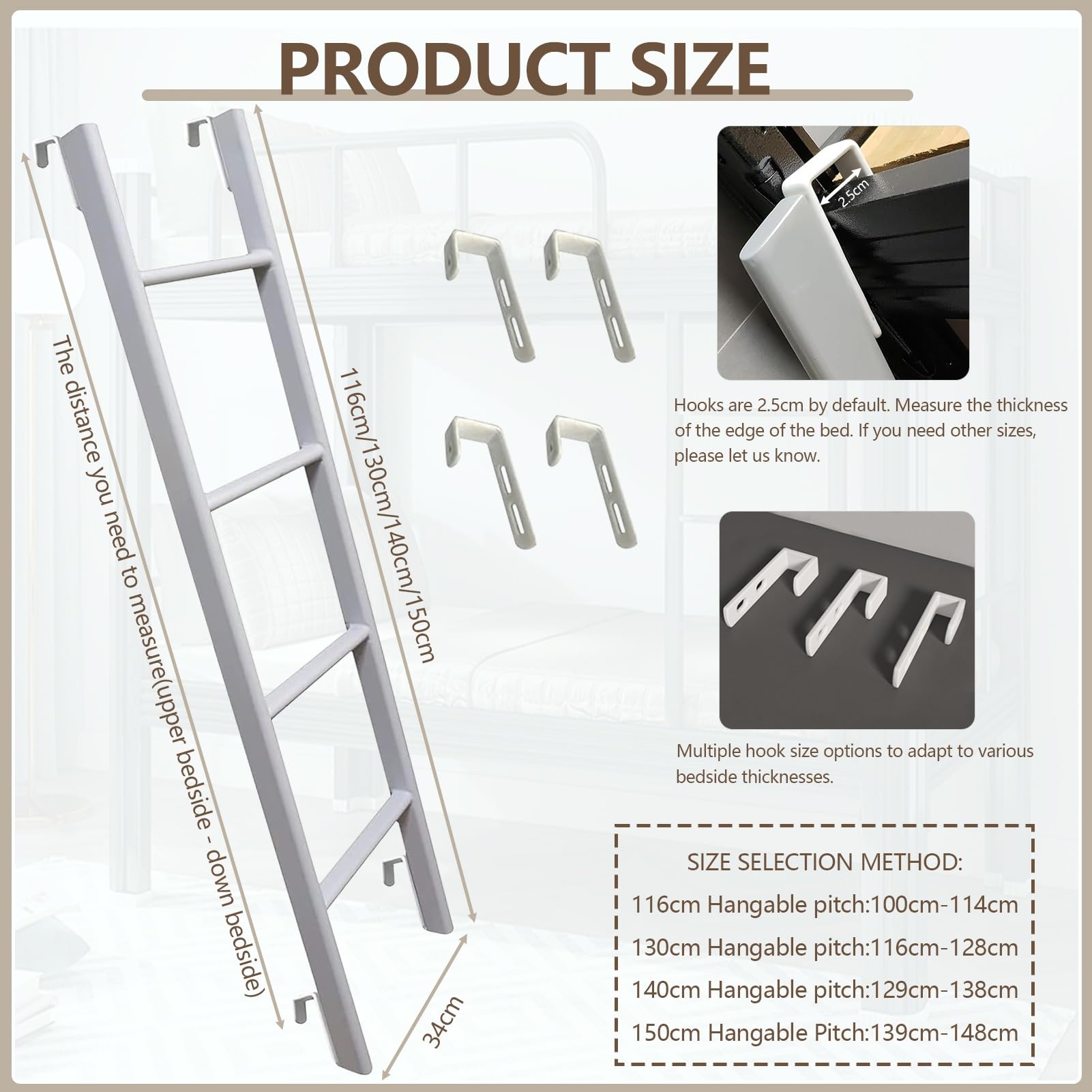 Échelle de lit superposé en métal Blanc pour Camping-Car avec Crochets, échelle d'escalade en métal de 116 cm/130 cm/140 cm/150 cm de Hauteur pour dortoir intérieur, échelle Double