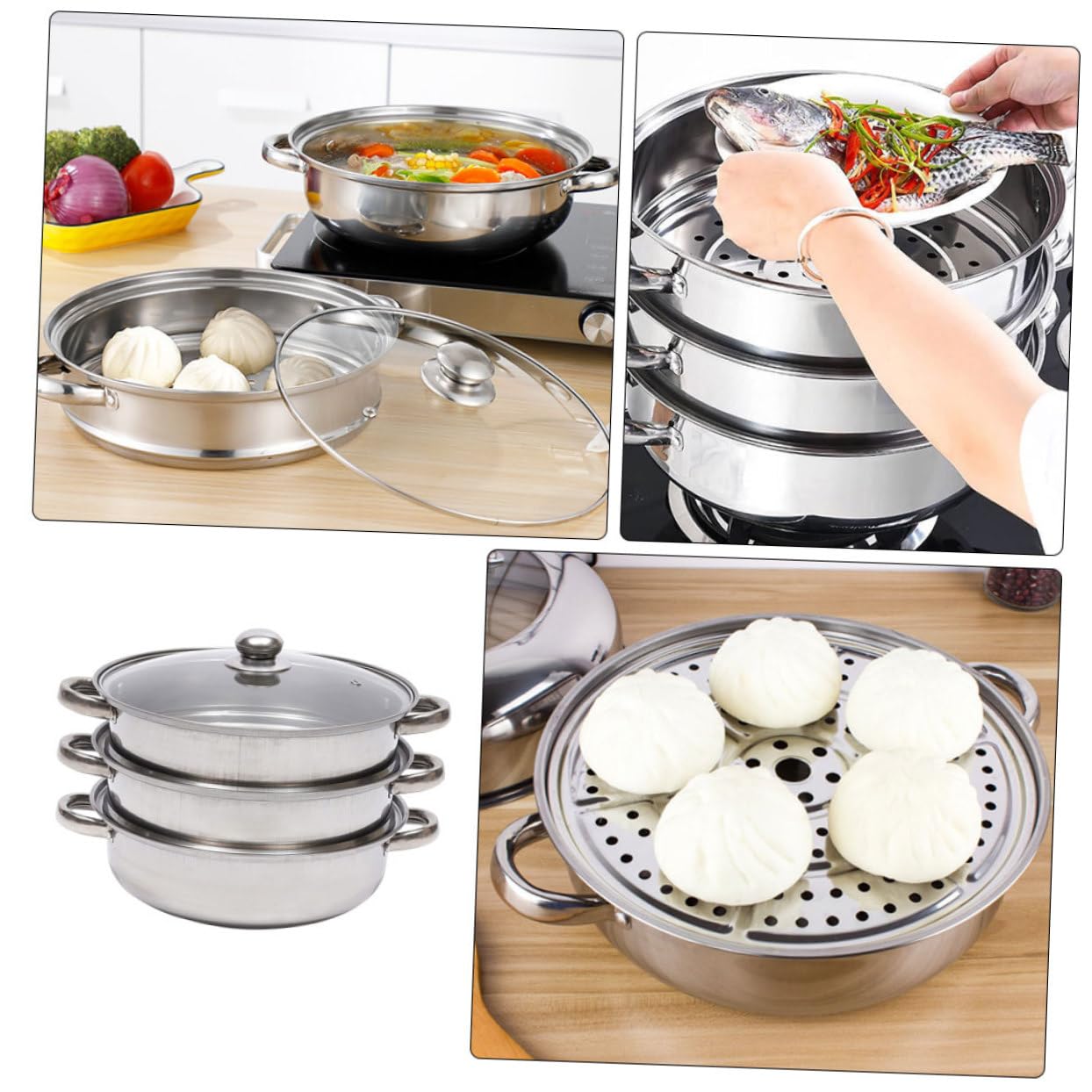 Vaporera Olla de Triple 28cm para Capa Acero Inoxidable Cocina