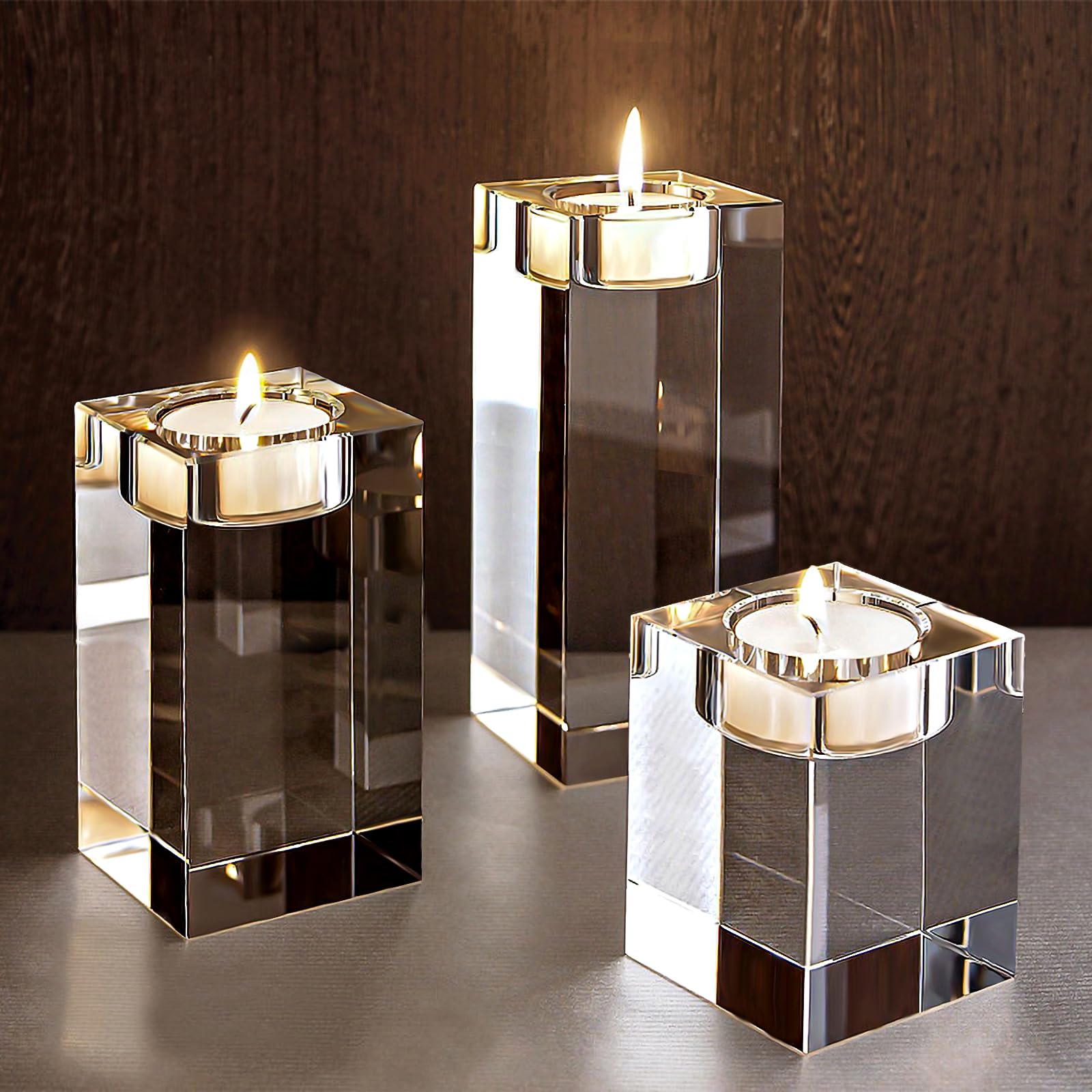 Crystal Candle Holders Set of 3 Clear Tea Light Candle Holders Square Candle Stand Glass Votive Candlestick Holders Centerpiece Table Decorations for Wedding Dining Living Room,3.15 in 3.94 in 4.72in