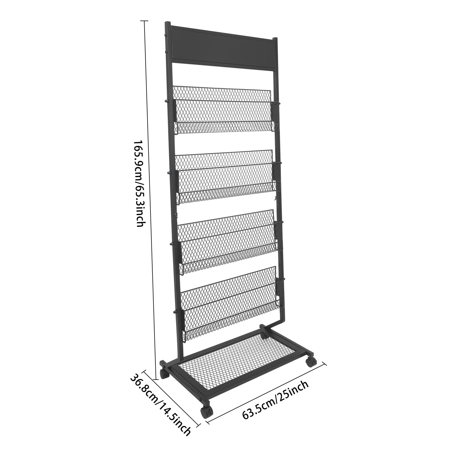 Porte-revues à 5 niveaux - 63,5 x 36,8 x 165,9 cm - Présentoir à prospectus avec 4 roues - Présentoir de littérature au sol - Pour foires, hôtels, réceptions