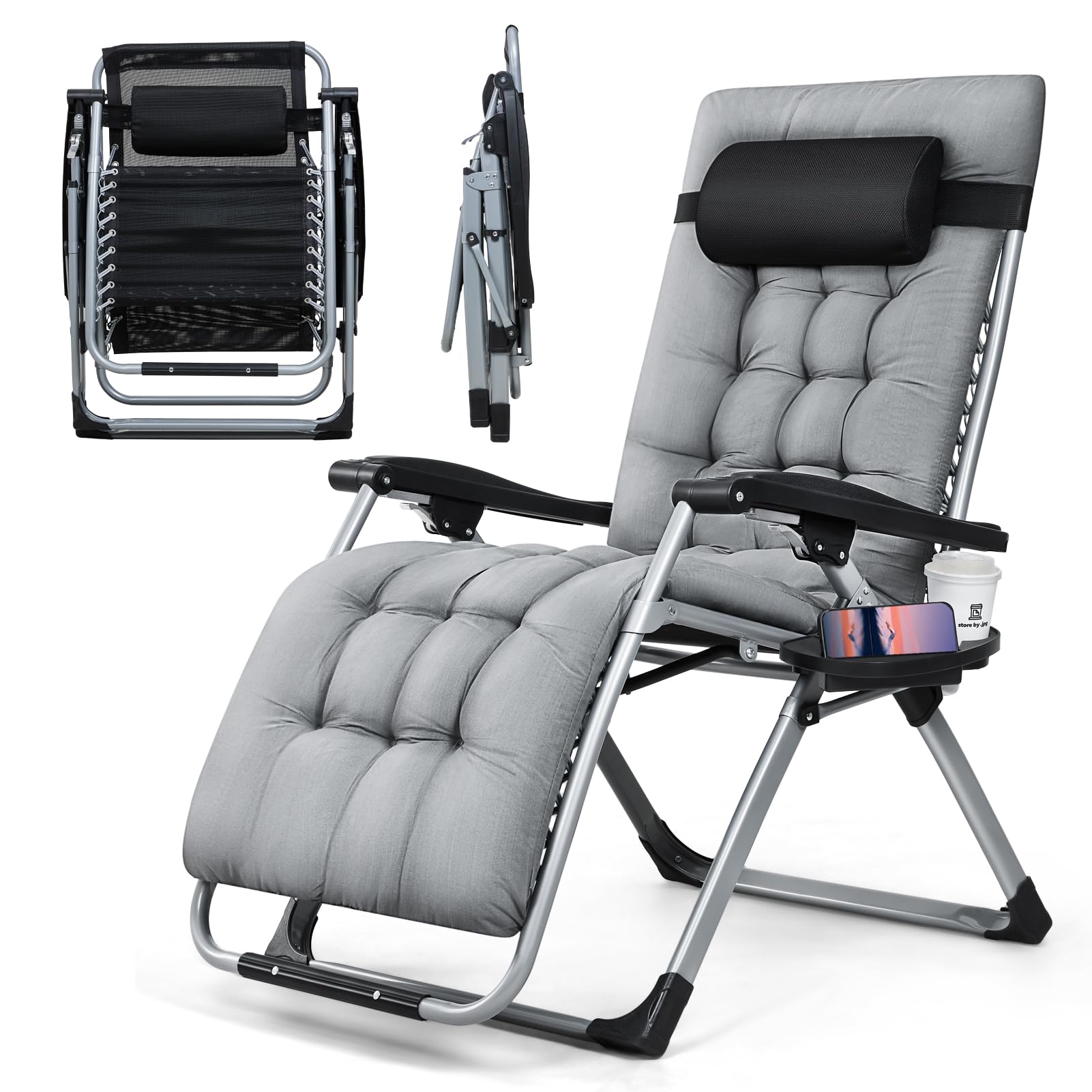 Warmiehomy Zero Gravity Chairs 72cm Width Folding Garden Recliner Chair with Cushion, Headrest Adjustable Sunlounger Chair with Cup Holder Reclining Bedchair for Garden, Beach, Patio, Camping,Grey
