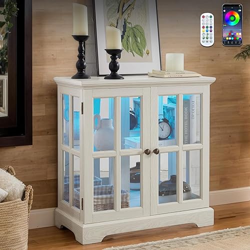 Gabinete de acento LED Curio de 32 pulgadas de alto con 7 luces de color para coleccionables, gabinete de almacenamiento moderno con puertas de