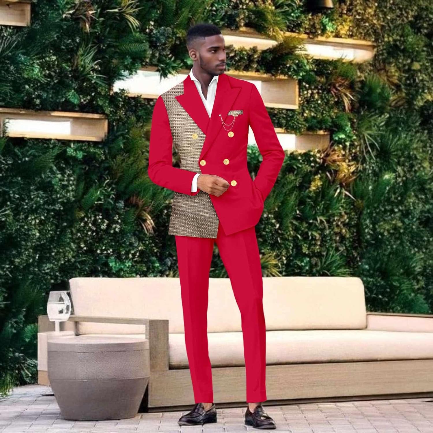 African Clothes for Men Business Suits Double Beasted Embroidery Brooch Lined Blazer and Pants Set - Image 2