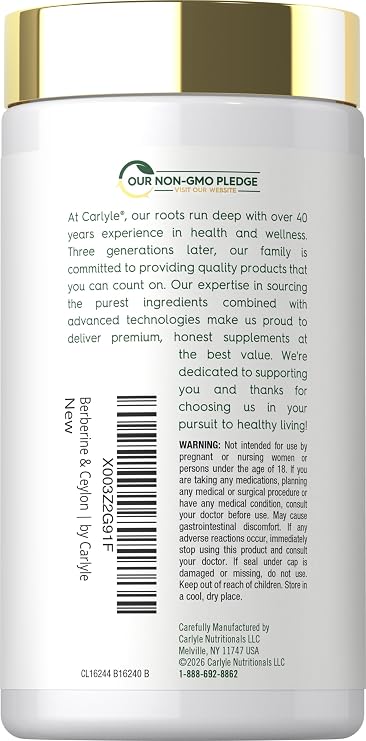 Carlyle Berberine with Ceylon Cinnamon | 60 Capsules | Vegetarian, Non-GMO, Gluten Free