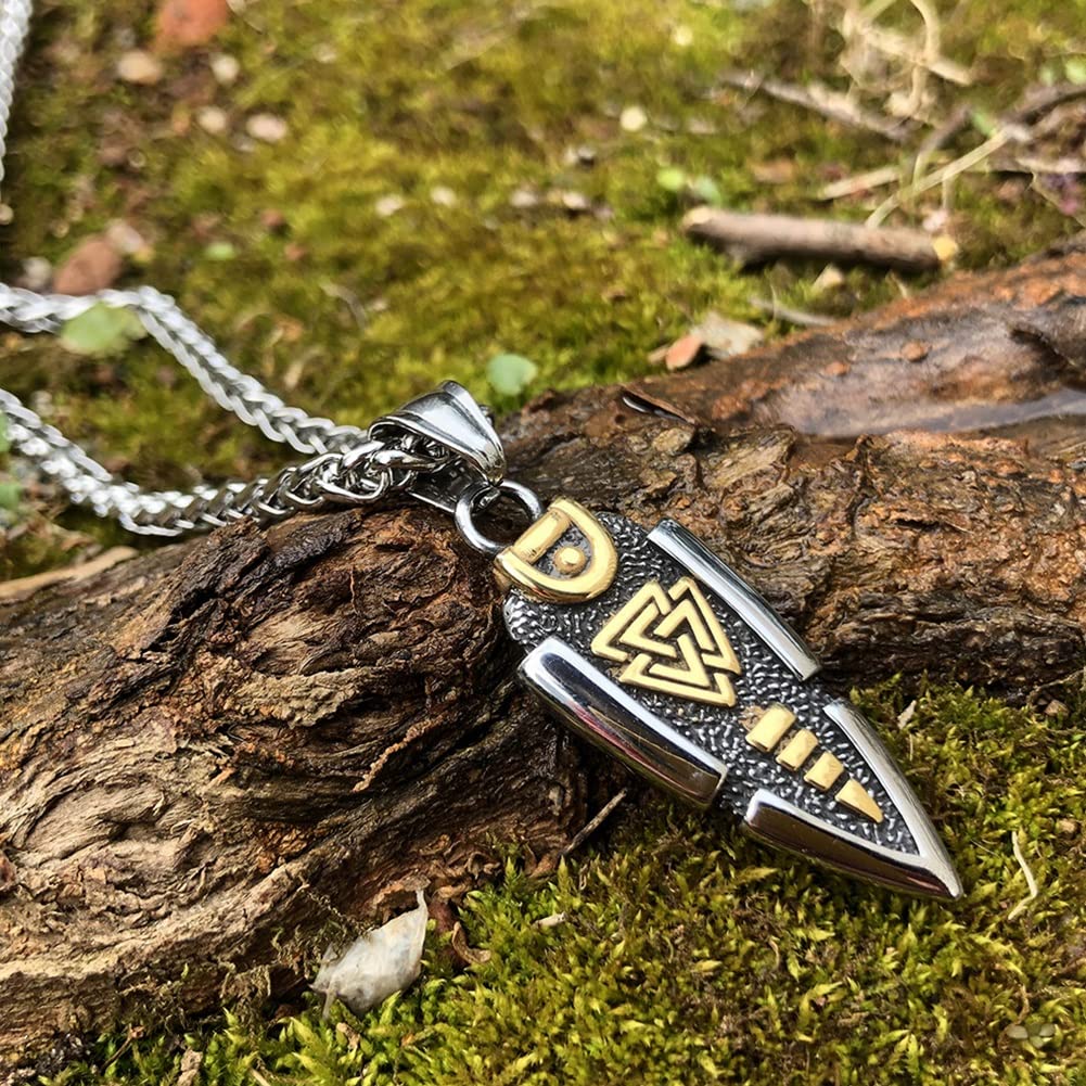 Mitologia nordycka Odyna włócznia naszyjnik - męski wisiorek grot strzały ze stali nierdzewnej - vintage średniowieczny symbol Valknut amulet islandzka biżuteria