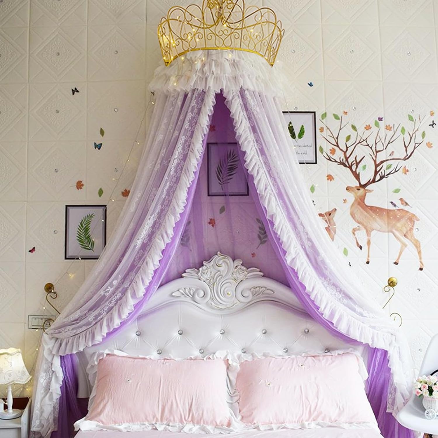 Crown Bedspread Chiffon, Gold Metal Crown Lace Bed Curtain, Breathable Dustproof Canopy Bedspread, Childrens Bedroom Decoration, Party Gift Bed Curtain (Pink 1.8m Bed)