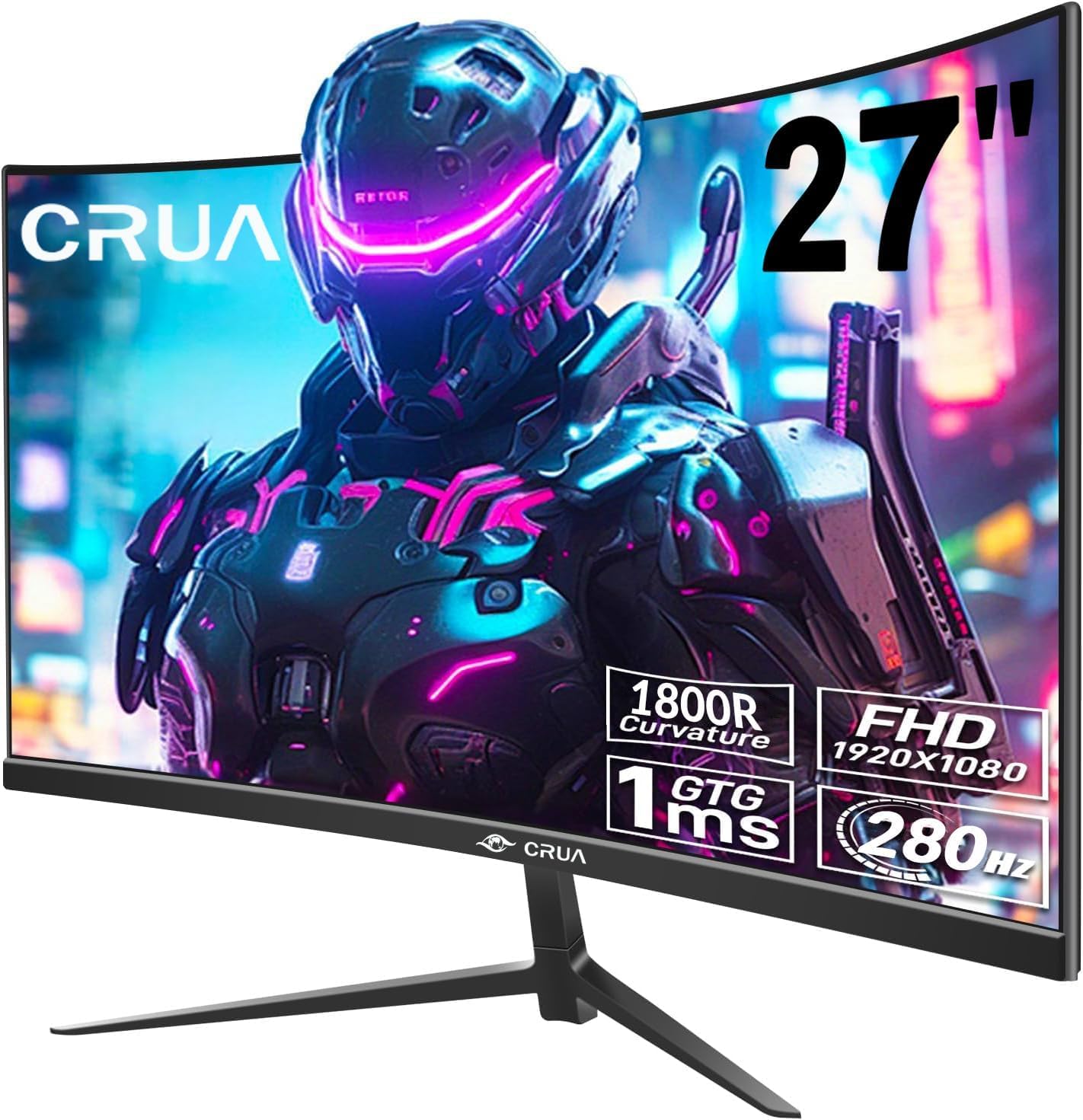 CRUA Monitor Gaming Curvo 27 Pollici 280Hz Full HD, 1ms con FreeSync & HDR, Immersione Totale 1800R, Eye Care Flicker-Free per PC/PS5/Xbox, Design Senza Cornice, HDMI/DP, VESA – Nero