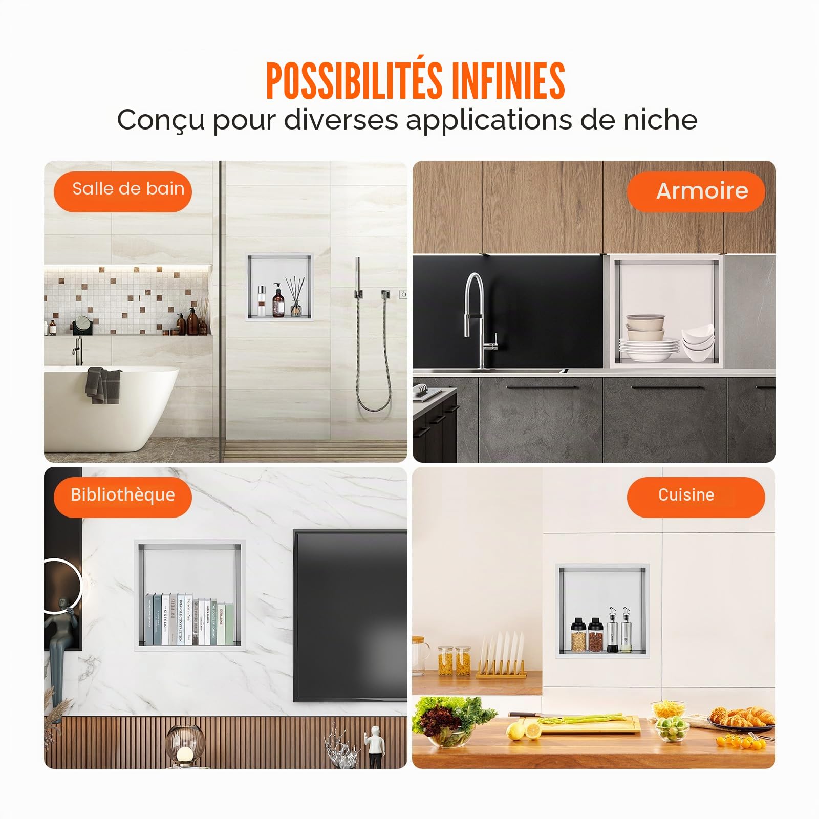 VEVOR Niche Encastrable Salle de Bain 33,02x33,02 cm Niche Douche Murale Double Étagère Acier Inoxydable 304 Scellée Étanche Facile à Nettoyer Moderne pour Stockage Savon Douche Salle de Bains, Argent