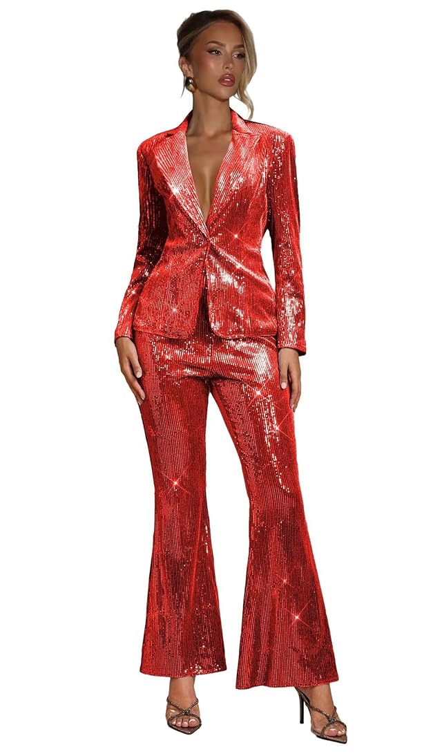 Sequin Womens Suits 2 Piece Trendy Sparkly Peak Lapel Womens Suit Dressy Bell Bottoms Elegant Suits for Women