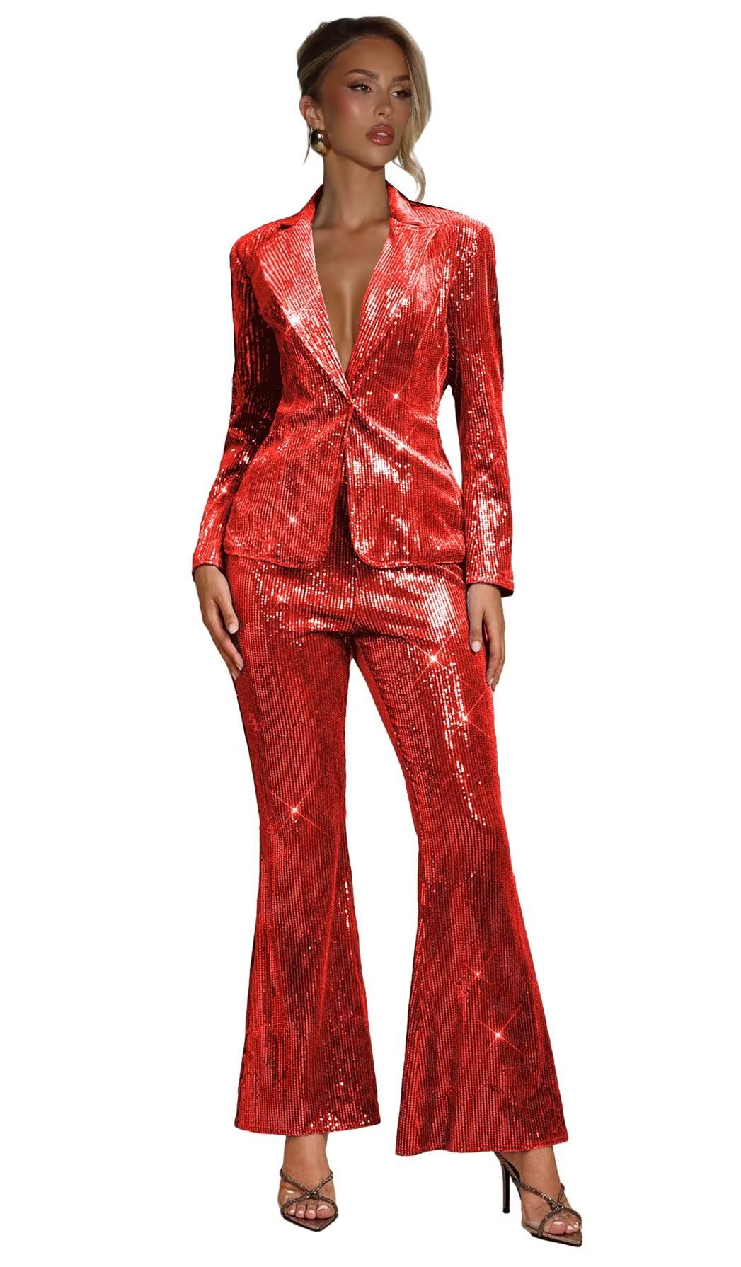 Sequin Womens Suits 2 Piece Trendy Sparkly Peak Lapel Womens Suit Dressy Bell Bottoms Elegant Suits for Women