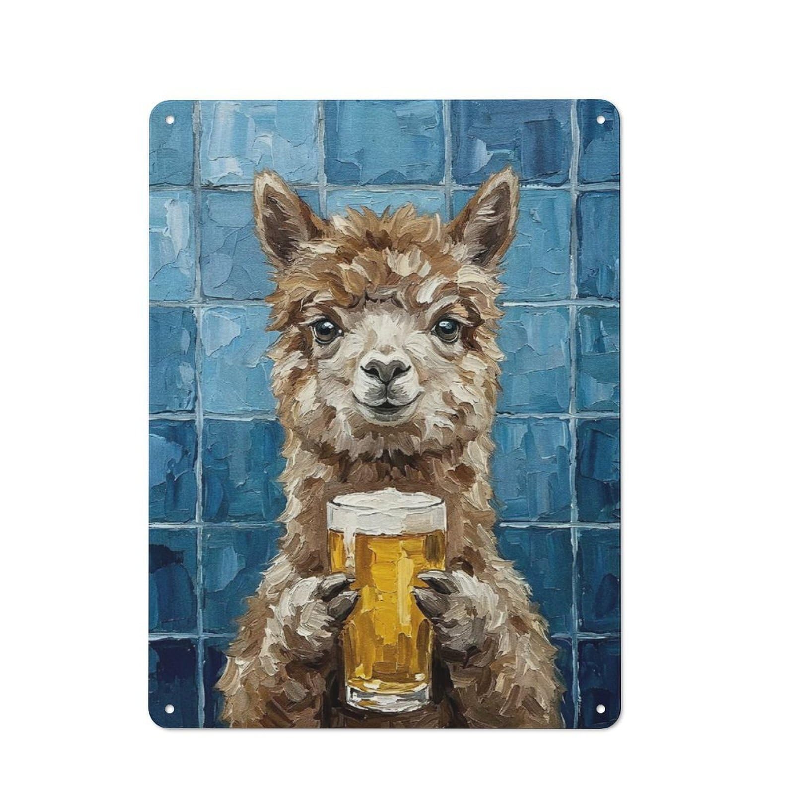 Alpaca with Beer Painting Barn Style Metal Wall Decor 40x30cm, Country Metal Sign for Kitchen, Cottage, Porch Or Garden Room
