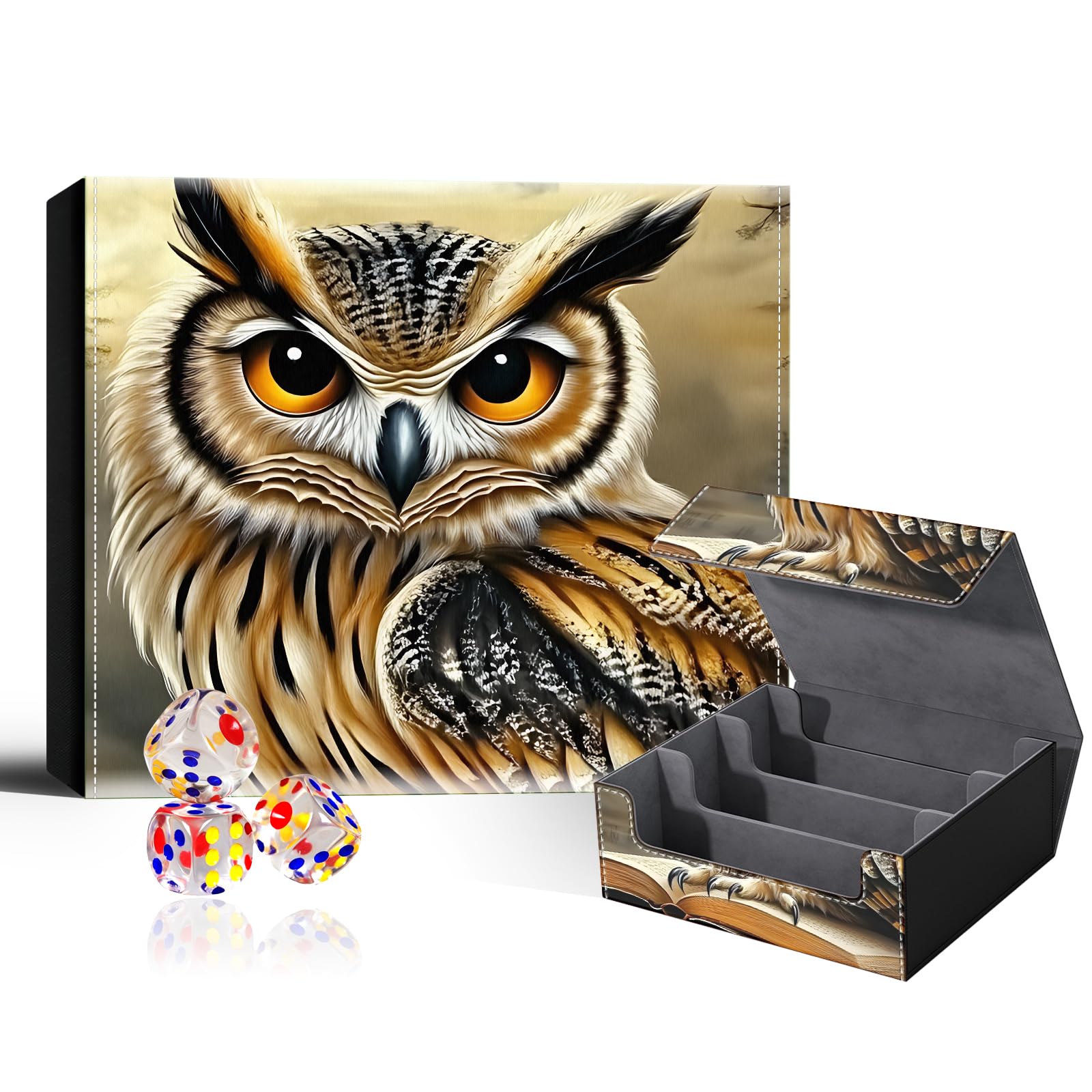 VOGDMKJG Trading Card Deck Box Fit 1800+ Single Sleeved Cards,PU Leather Magnetic Closure Card Storage Box With 3 Dice For MTG/TCG/PTCG/Magic/Sport Card Storage Case Large 3 ROW Design Brown Owl