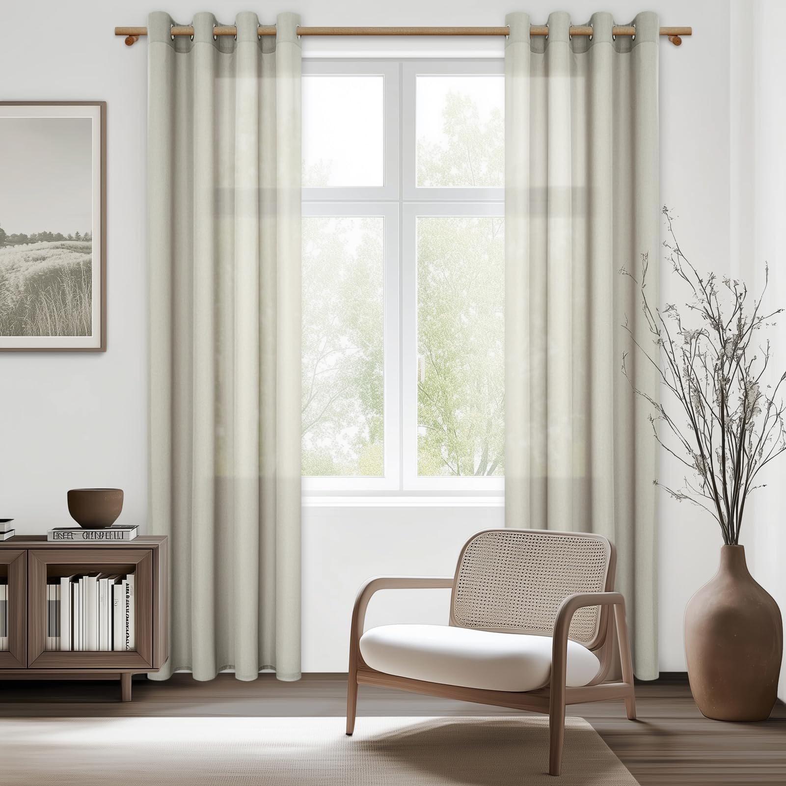 MRTREES Rideau Voilage Fenetre Salon Lot de 2 Panneaux de Rideaux Chambre Adulte Intérieurs Rideau Voile Lin Naturel Semi-Transparent à Oeillets pour Baie Vitrée Salle a Manger 140x245cm