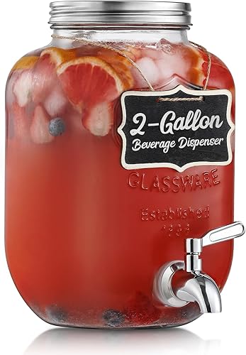 Dispensador de bebidas de vidrio de 2 galones, grifo y tapa de acero inoxidable 188 - Dispensadores de bebidas de vidrio para fiestas -