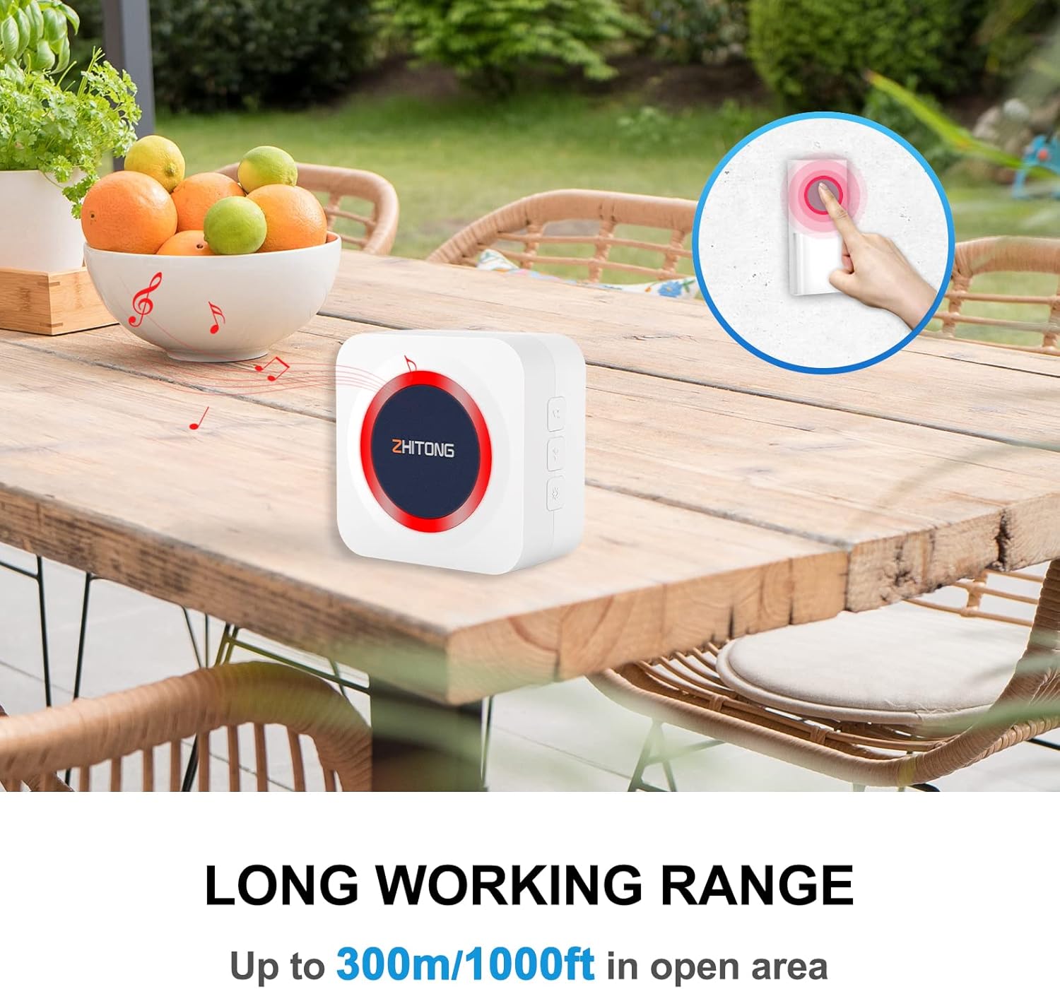 Image showing the Zhitong wireless doorbell transmitter being pressed, with the receiver placed on an outdoor table, indicating a long working range.