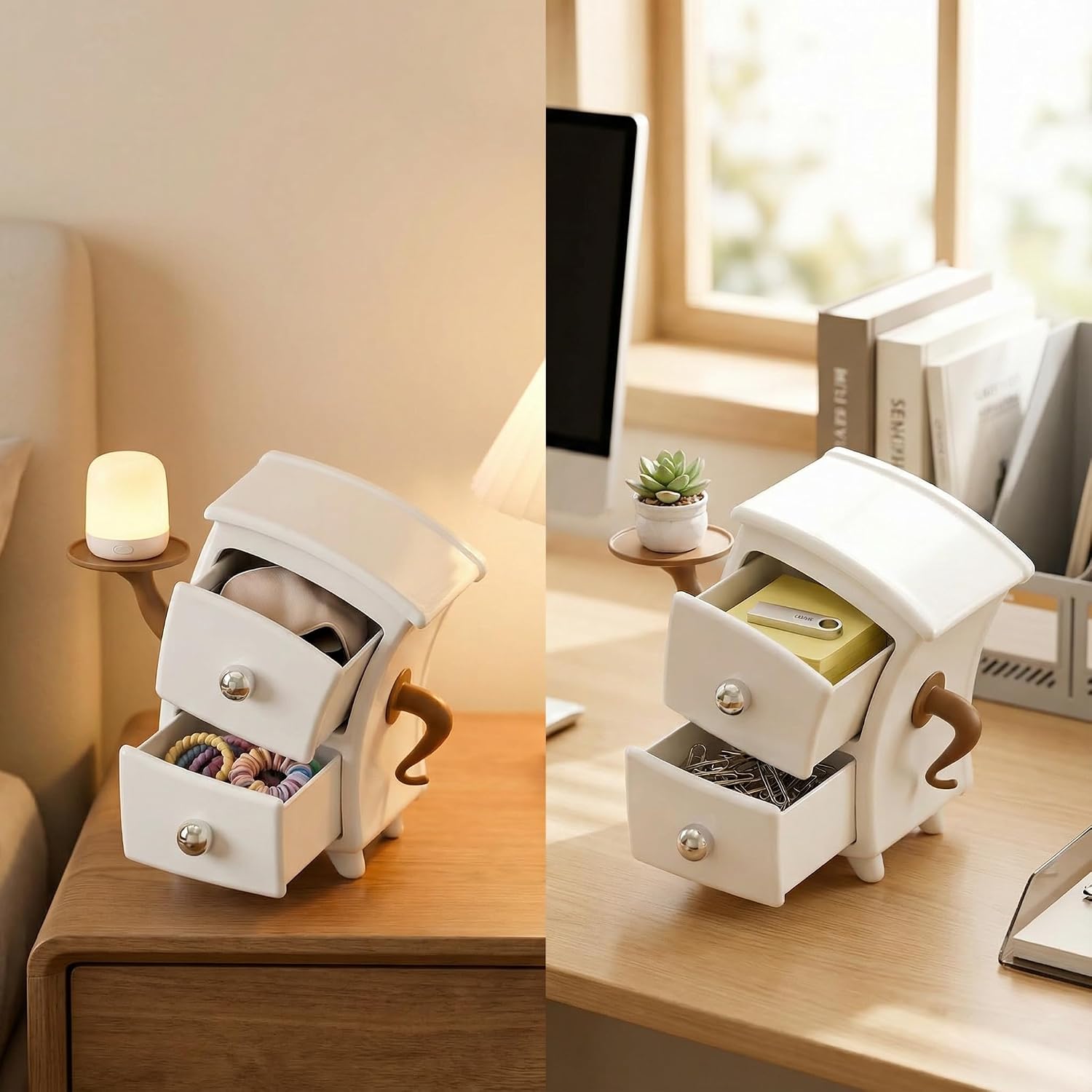 Cute Whimsical Desktop Organizer with 2 Drawers, Small Storage Box, Aesthetic Room Decor, Thick Smooth Plastic, 4.7×4.7×8.7 Inch, for Jewelry, Stationery, Accessories, Unique Gift for Women & Girls