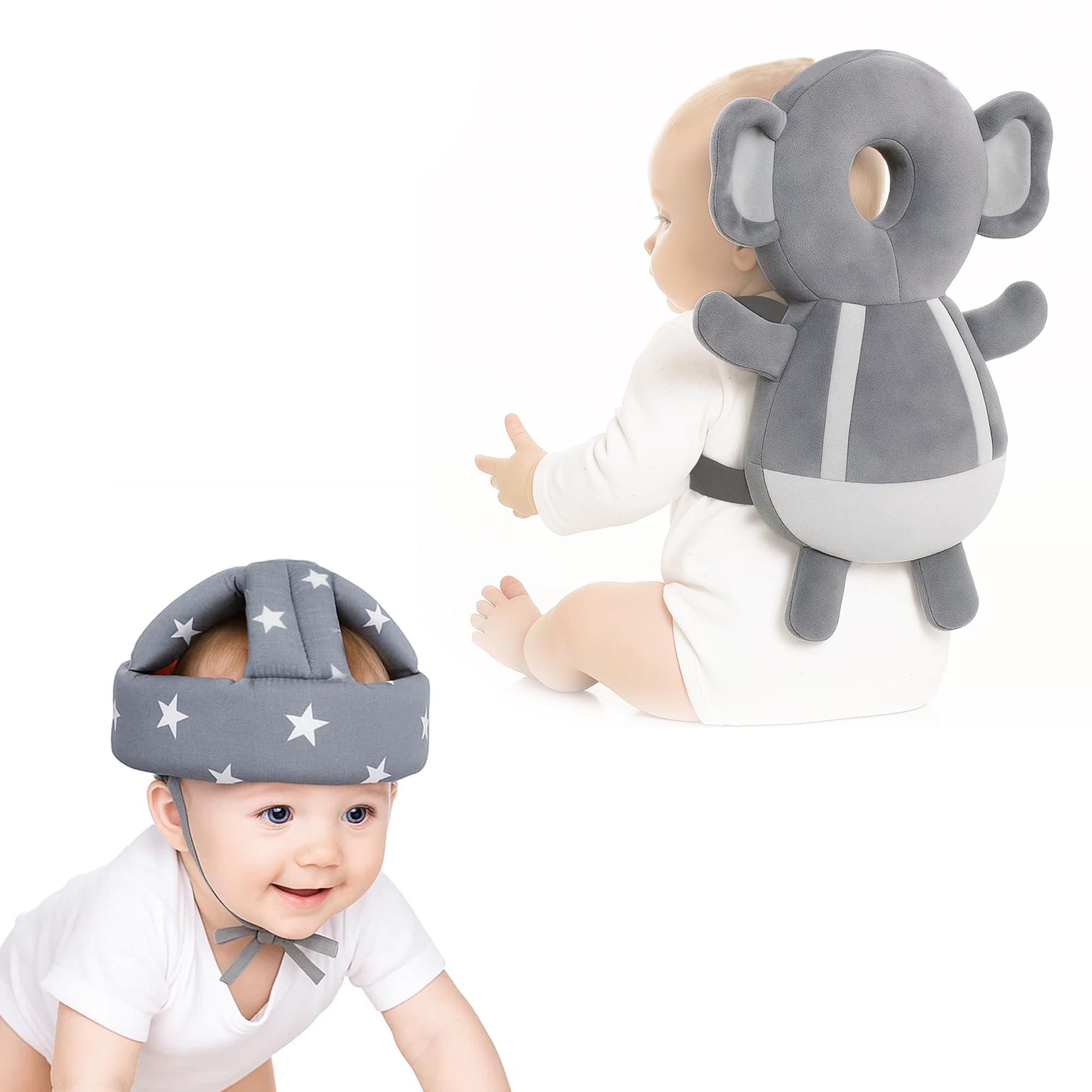 GLUN® Baby Back Protector with Head Protective Hat Combo Set, Cute Elephant Shape Soft Cushioning, Adjustable Shoulder Belt, Head Protection Gear for 6-18 Month Toddler Kids