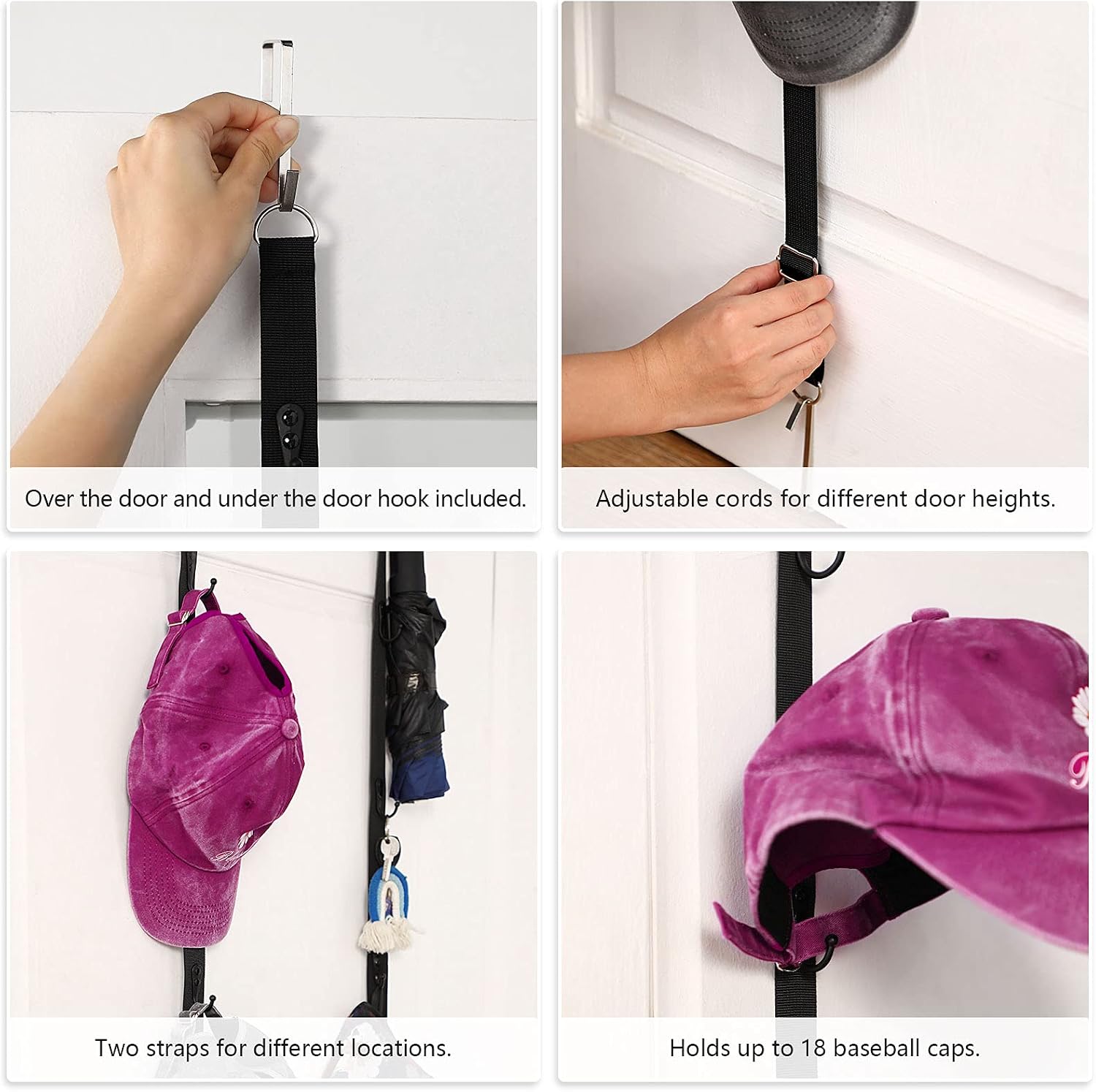 2 Pieces Adjustable Door Cap Rack Closet Hanging Cap Organizer Hanging Cap Keeper Baseball Cap Holder Hanging Cap Hook Organizer Hat Display Rack with Hooks Door Hat Storage Hanger (Black) - Image 5