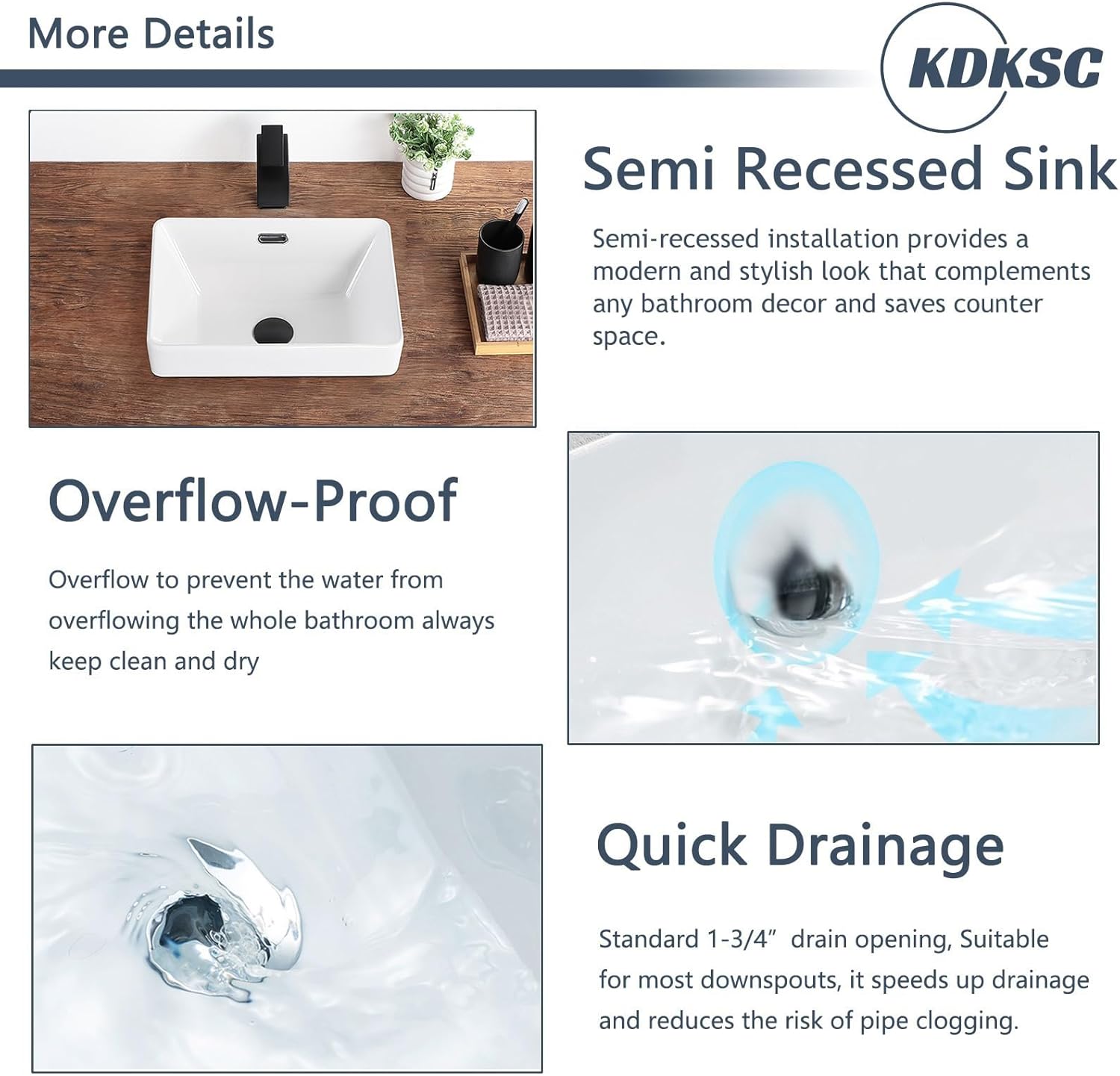 Bathroom Vessel Sink 15.5'' x 11.9'' Small Semi Recessed Bathroom Sink Rectangular Drop In Sink with Overflow White Ceramic Modern Vessel Sinks for Bathroom