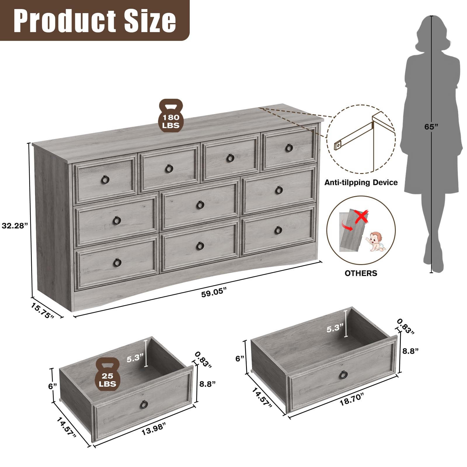LGHM Dressers for Bedroom with 10 Drawers,Modern Long 10 Drawer Dresser with Textured Borders, Chest of Drawers Closet Organizers and Storage Clothes - 6" Deep Drawer for Bedroom, Living Room, Gray