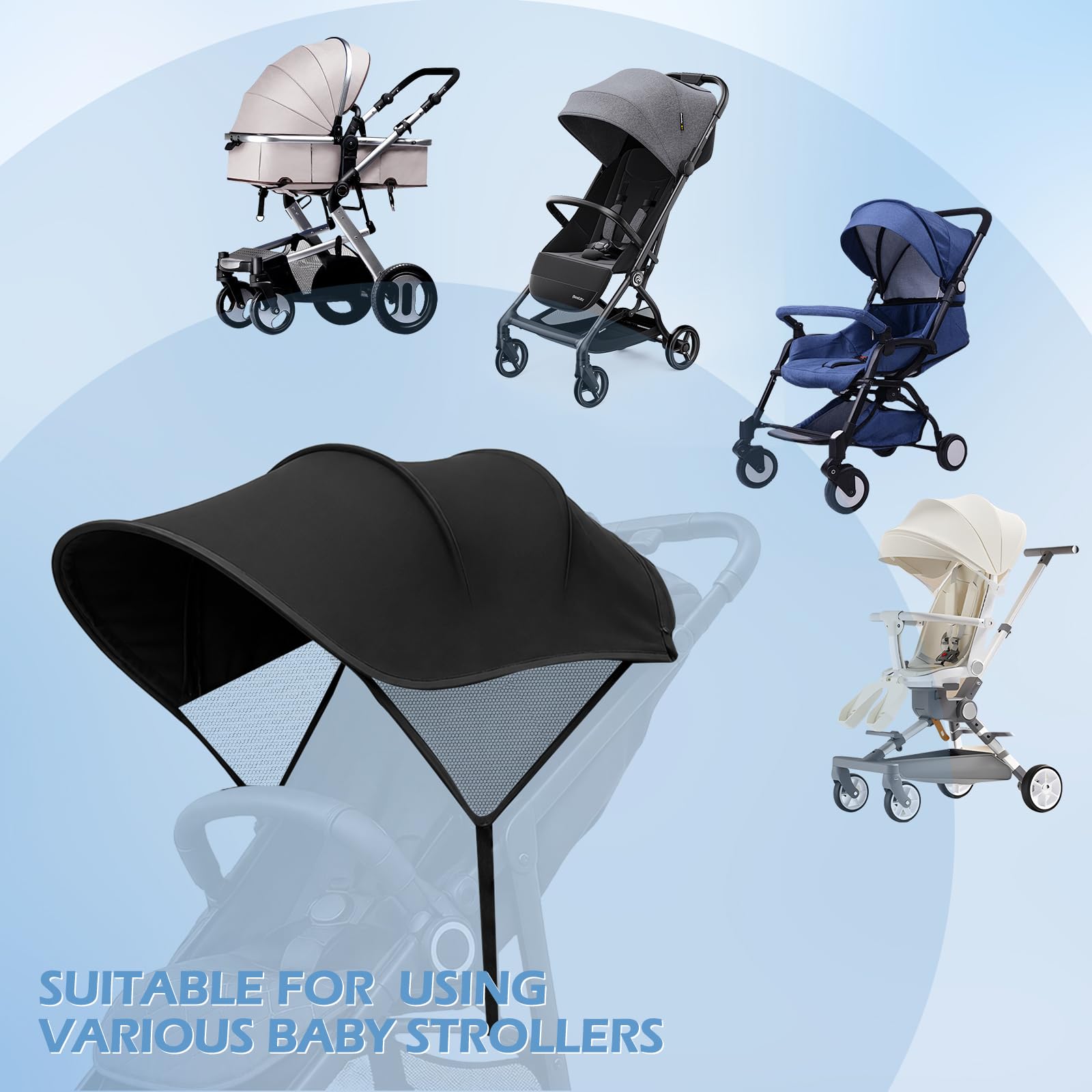 WD&CD Parasole per Passeggino, Pieghevole Traspirante con Protezione UV Facile da Installare, Nero